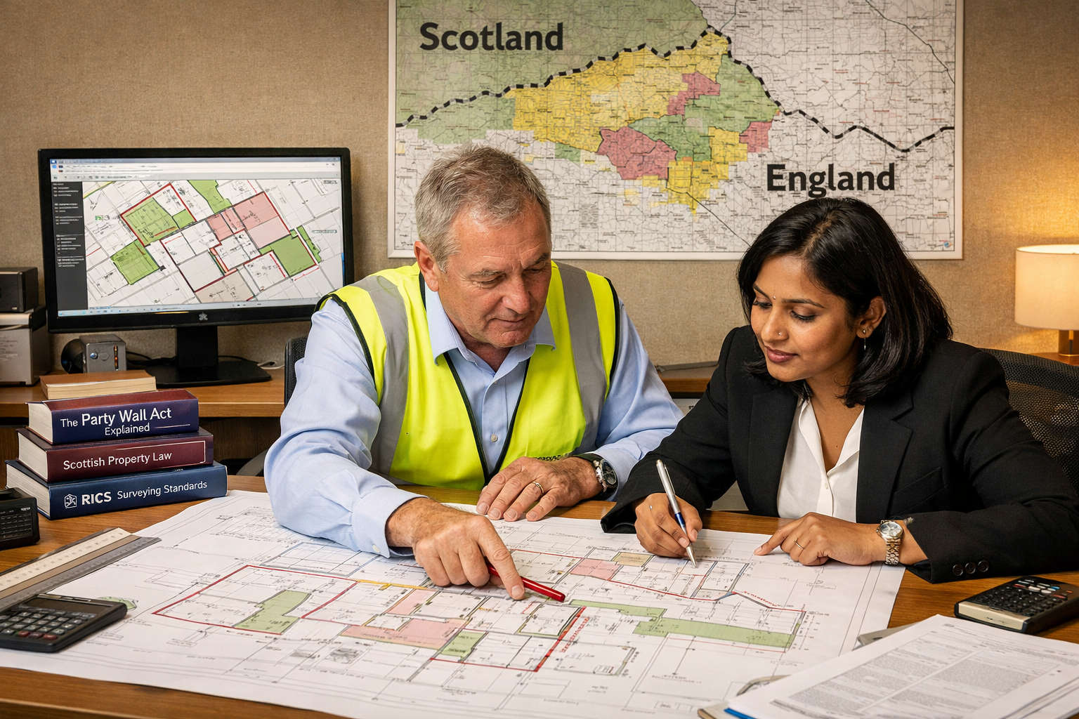 Detailed () professional office scene showing two surveyors collaborating over large architectural plans spread across desk,