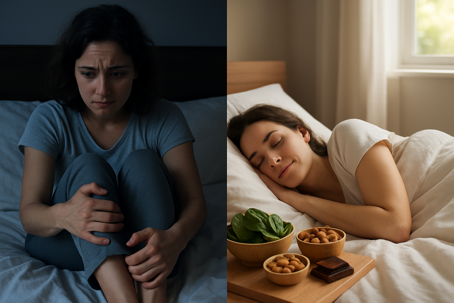 Split-screen comparison image showing left side: person with magnesium deficiency experiencing restless legs symptoms with stressed expressi