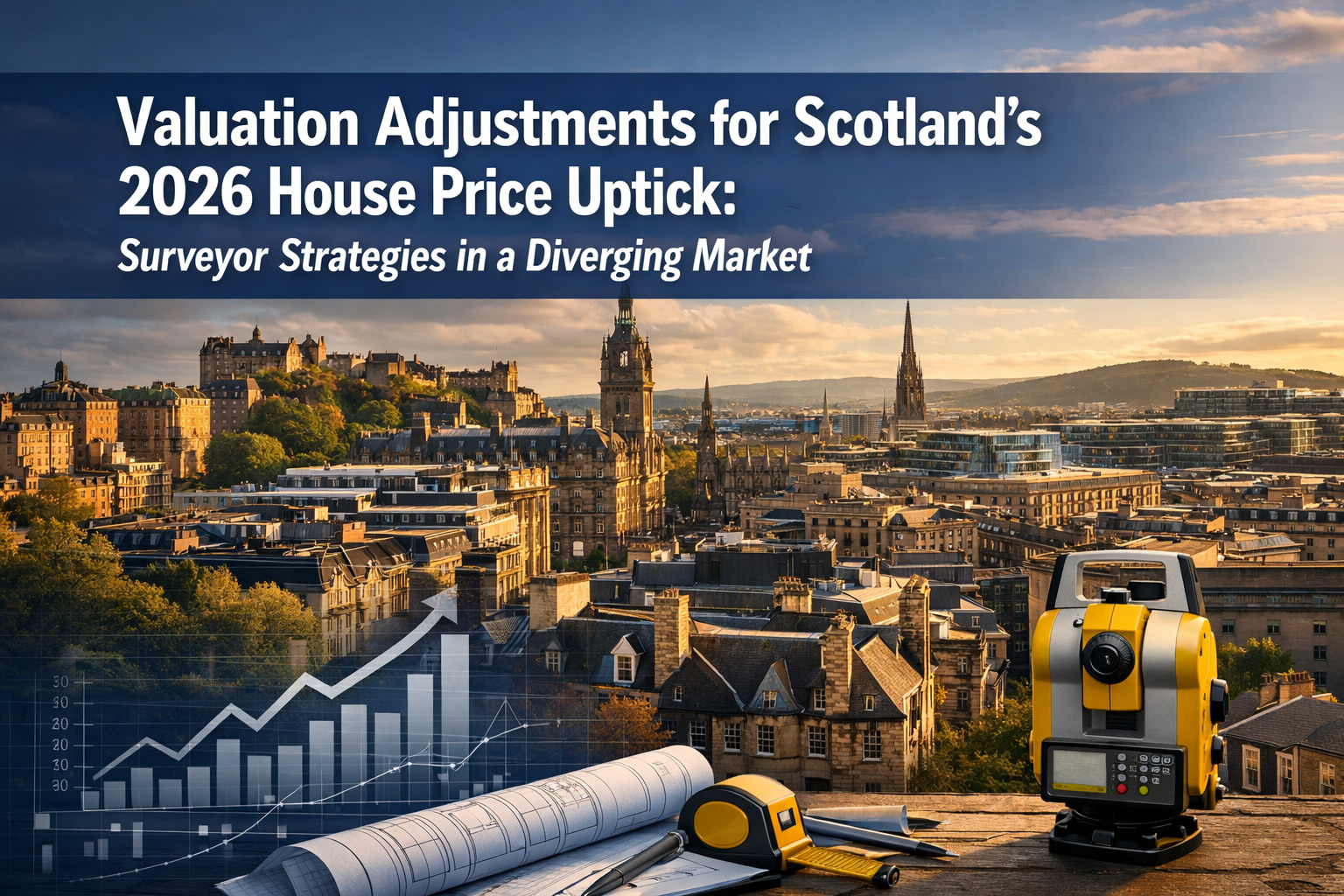 Professional landscape format (1536x1024) hero image featuring bold text overlay 'Valuation Adjustments for Scotland's 2026 House Price Upti