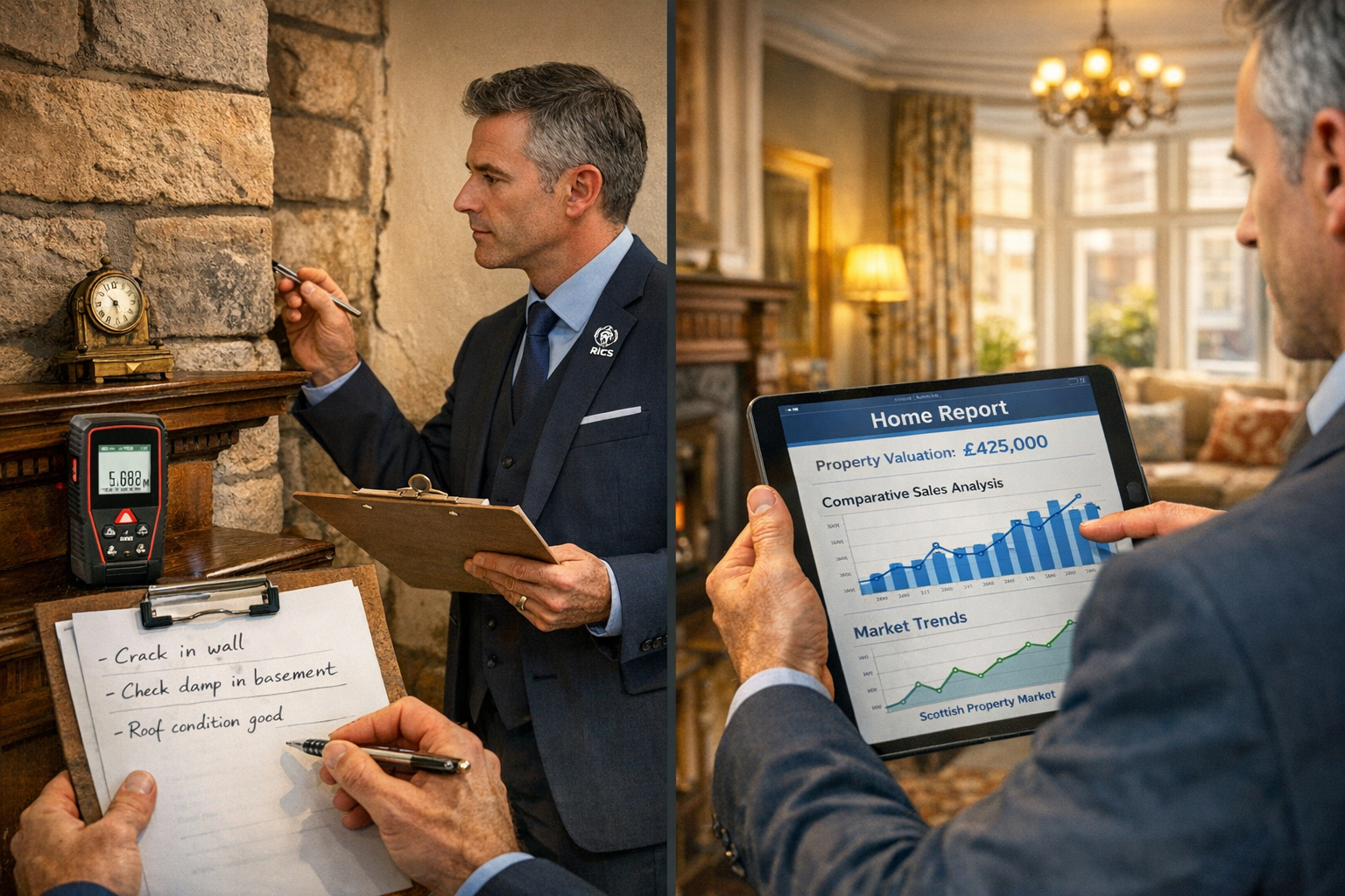 Detailed landscape format (1536x1024) image showing professional chartered surveyor conducting property inspection inside elegant Scottish V