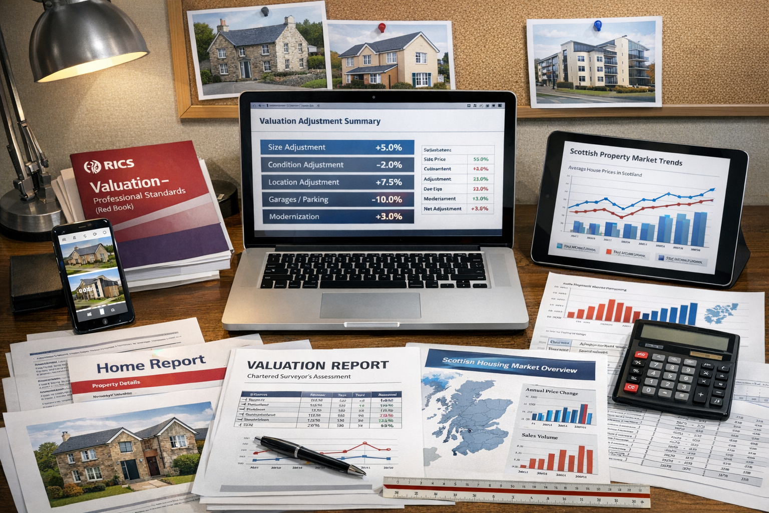Detailed landscape format (1536x1024) professional scene showing surveyor's desk workspace with multiple valuation documents spread across s