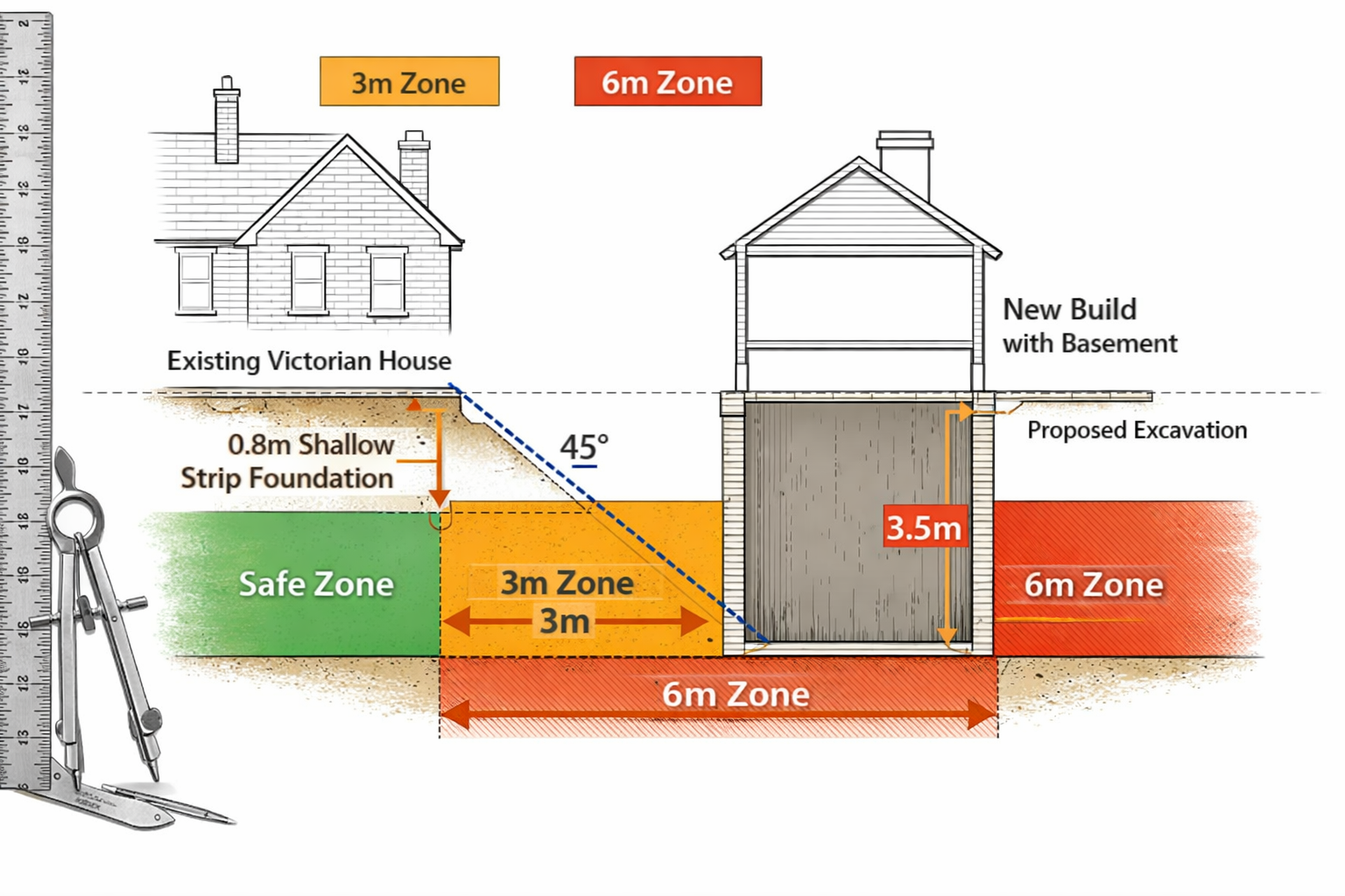 Detailed () technical diagram illustration showing cross-sectional view of two adjacent properties with foundation depth