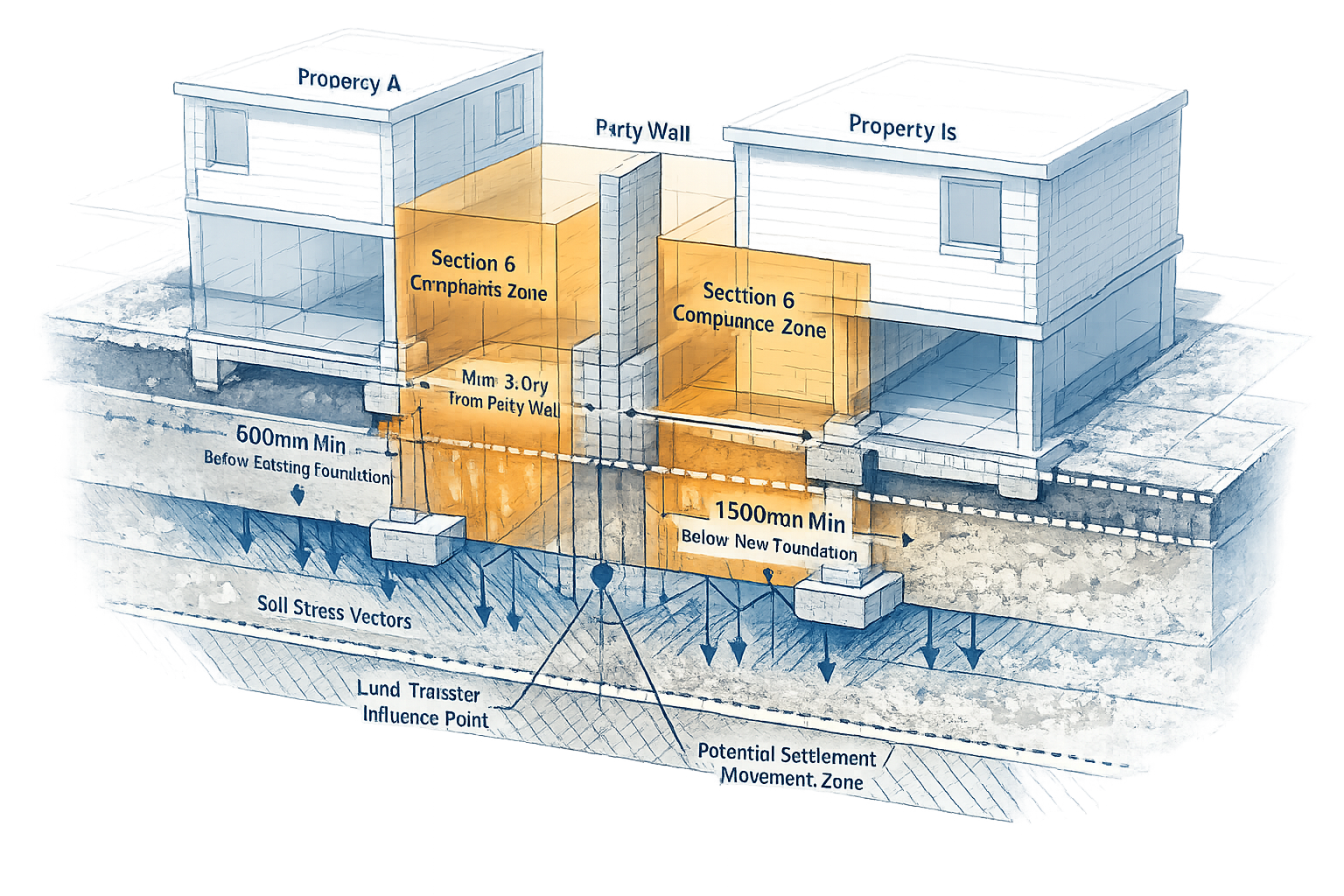 Technical architectural cross-section diagram illustrating party wall boundaries between two adjacent urban properties, with