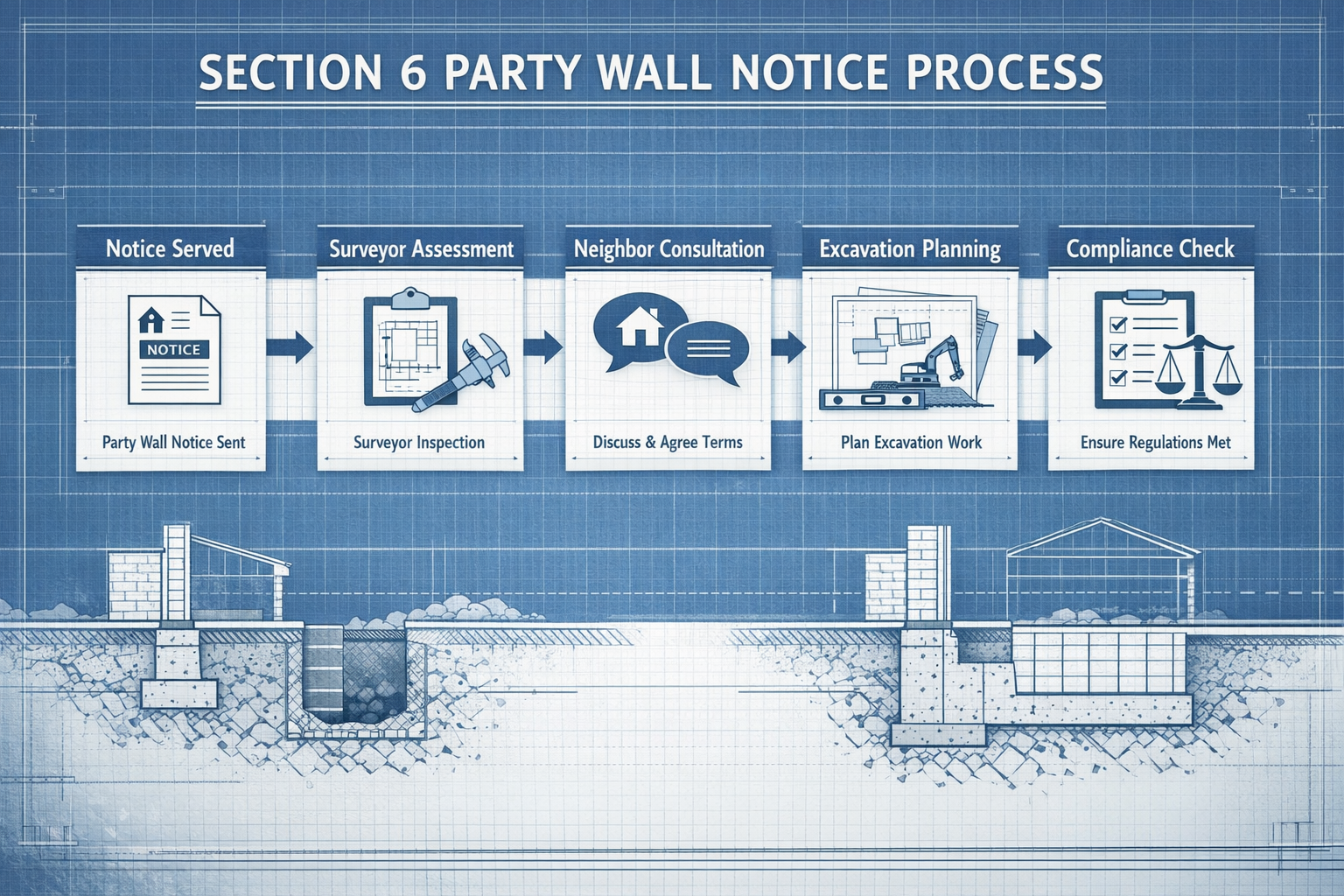 Procedural workflow visualization depicting the Section 6 Party Wall Notice process, featuring a step-by-step horizontal