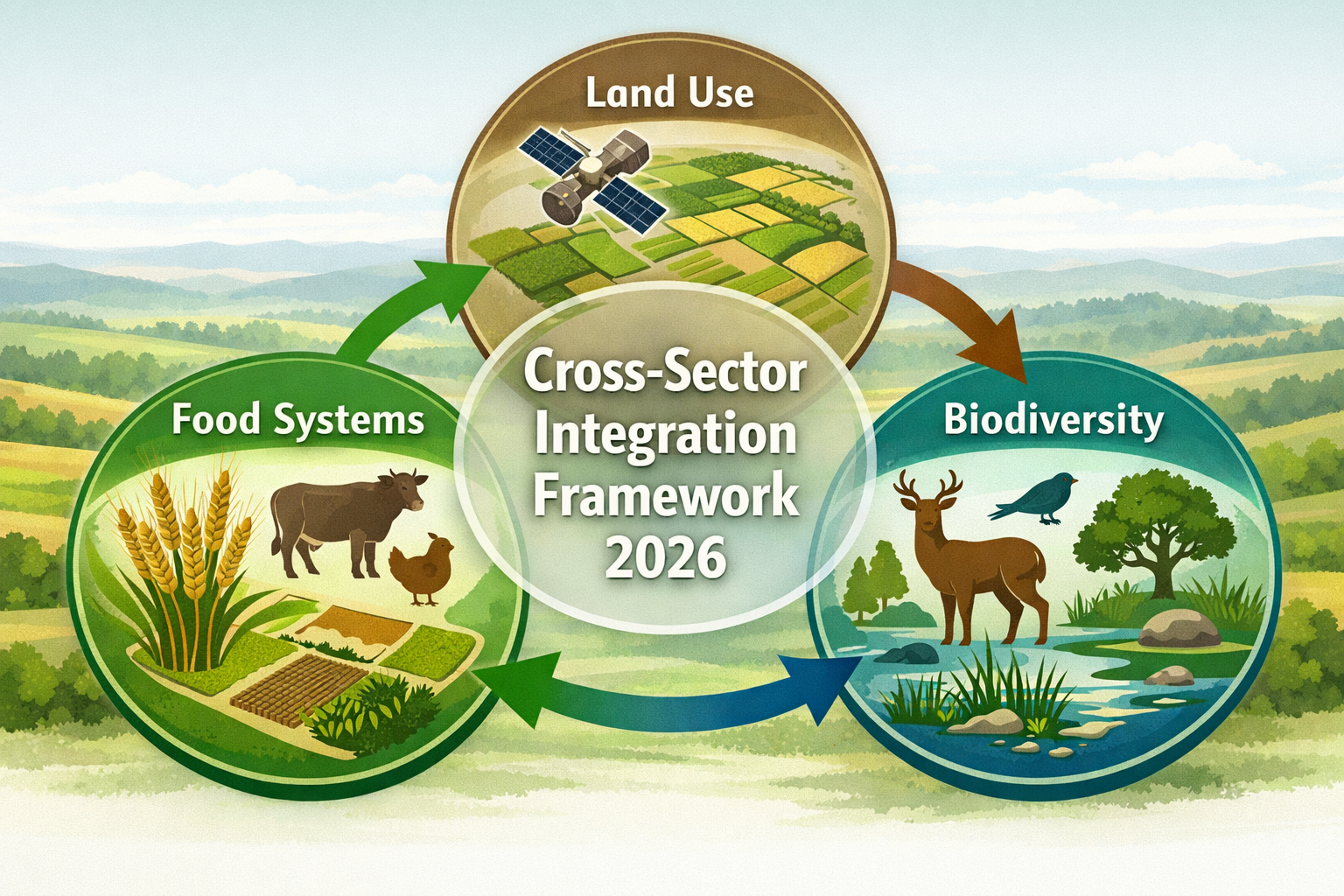 Landscape format (1536x1024) detailed illustration showing integrated survey methodology framework with three interconnected circular diagra