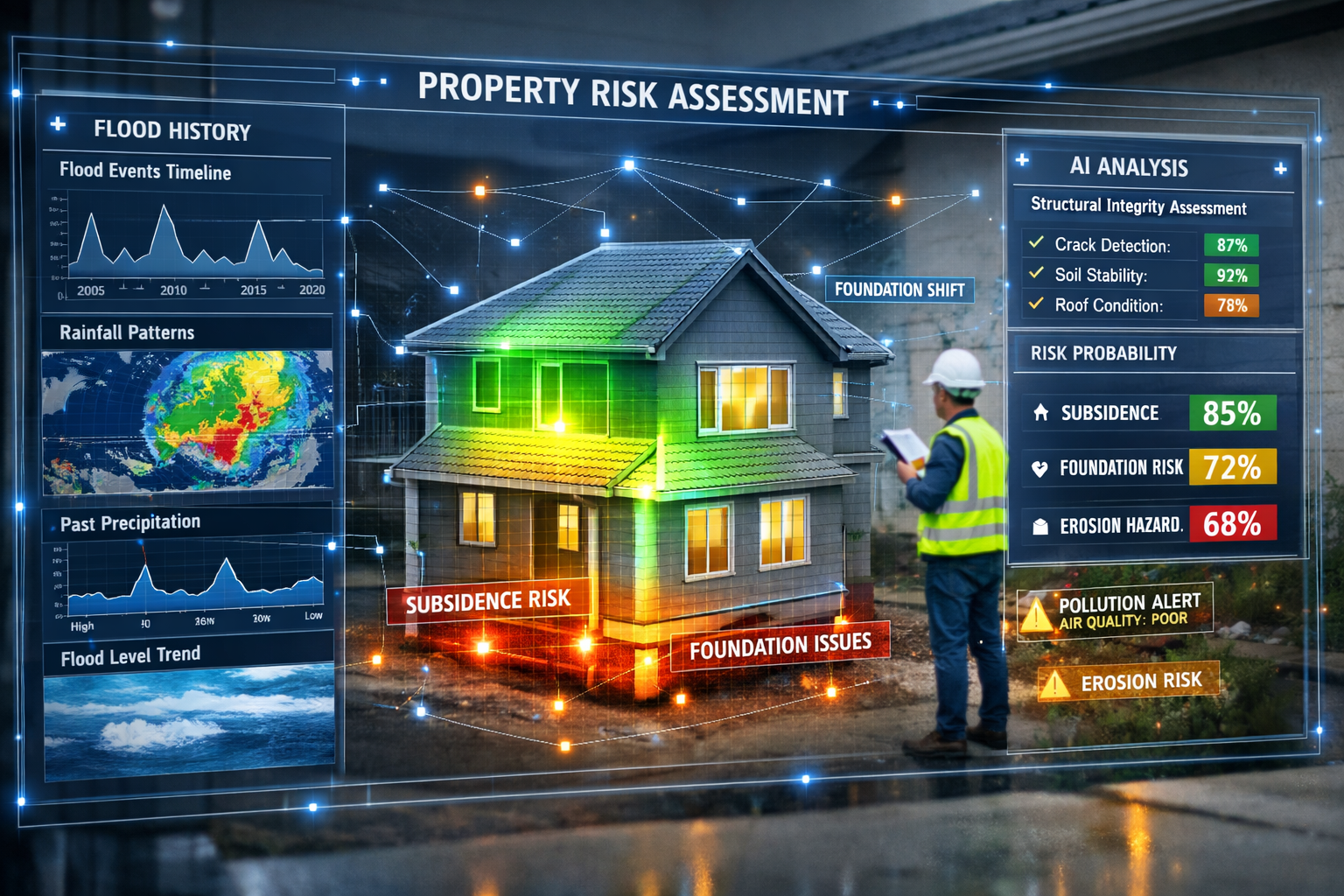 Landscape format (1536x1024) editorial image showing AI-powered property risk prediction system in action. Central focus on large transparen