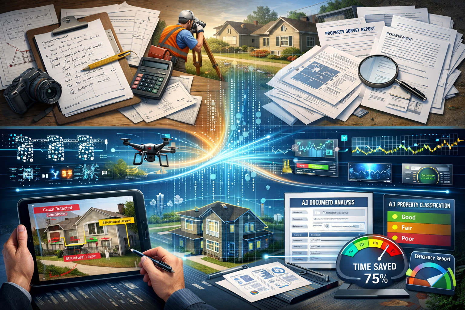 Landscape format (1536x1024) detailed visualization of automated property survey analysis workflow. Split composition showing transformation