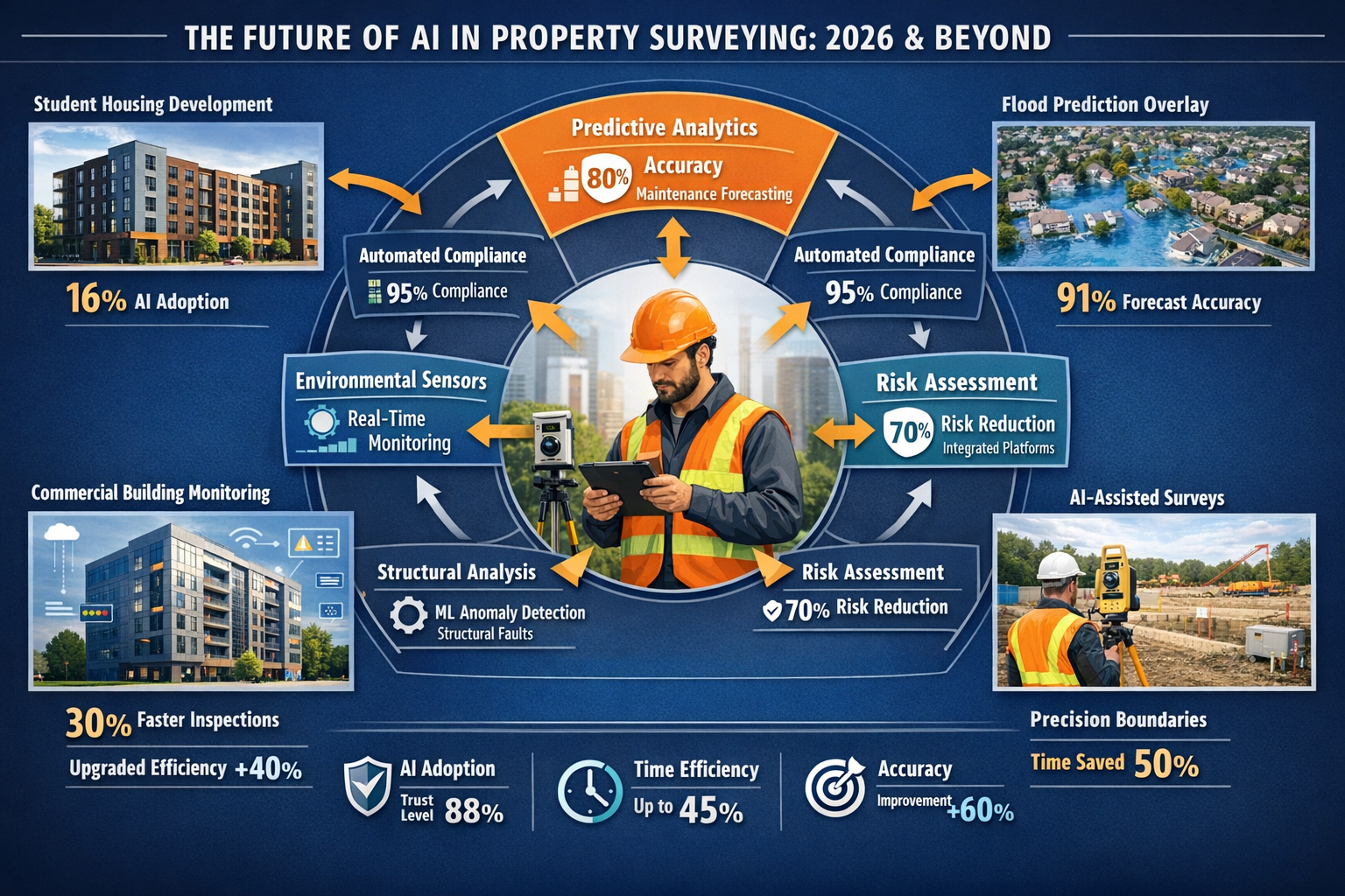 Landscape format (1536x1024) comprehensive infographic-style image illustrating future of AI in property surveying for 2026 and beyond. Cent