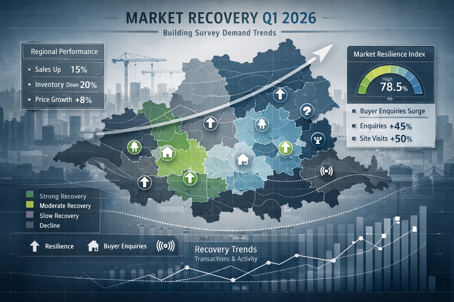 Comprehensive market recovery contextual visualization for Q1 2026, showing intricate geospatial economic heatmap with