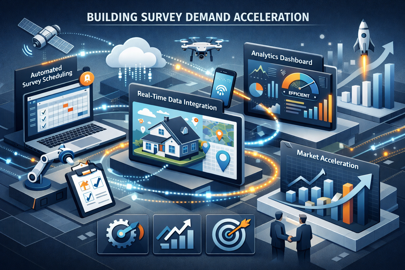 Technical workflow optimization illustration for Building Survey Demand Acceleration, featuring isometric representation of