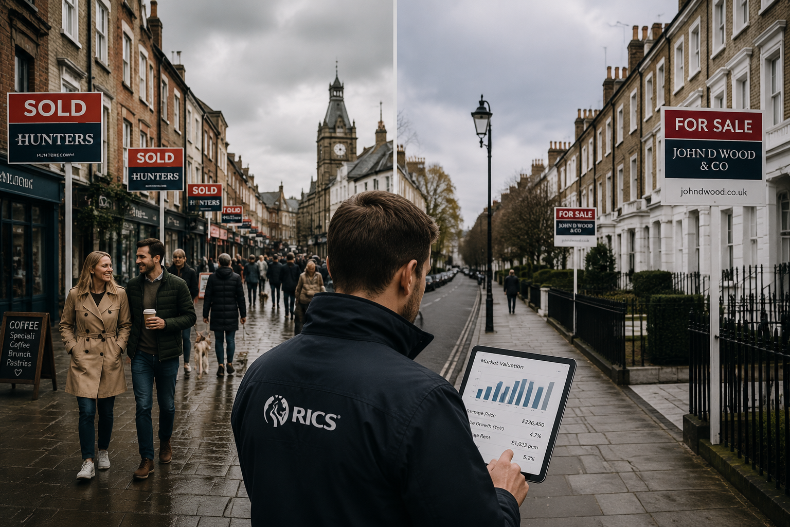 Street-level () scene contrasting two UK property markets side by side: left half shows a bustling Northern English market