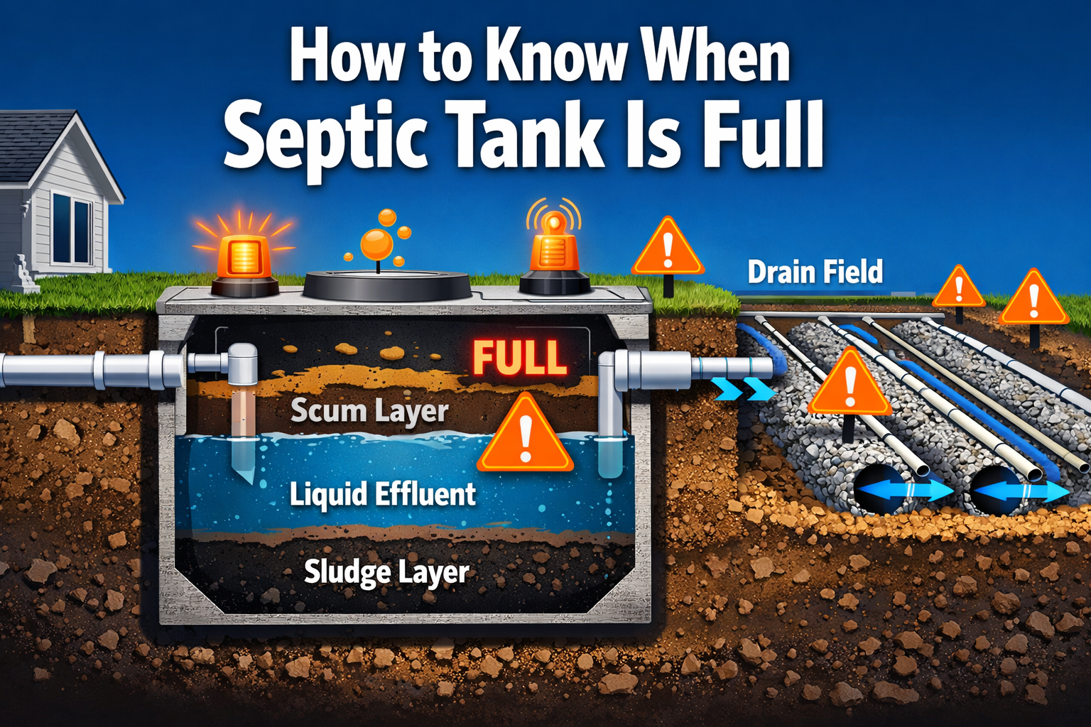 Professional landscape format (1536x1024) hero image featuring bold text overlay 'How to Know When Septic Tank Is Full' in extra large 72pt 
