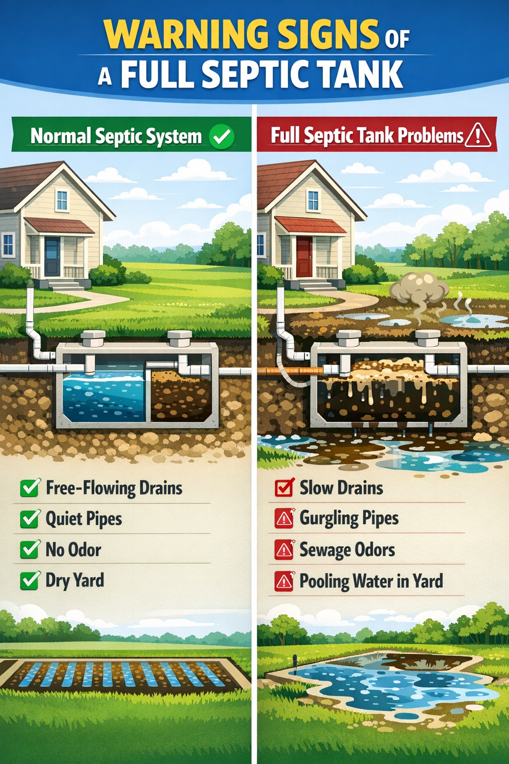 Portrait format (1024x1536) infographic showing visual warning signs of full septic tank including slow drains, gurgling pipes, sewage odors