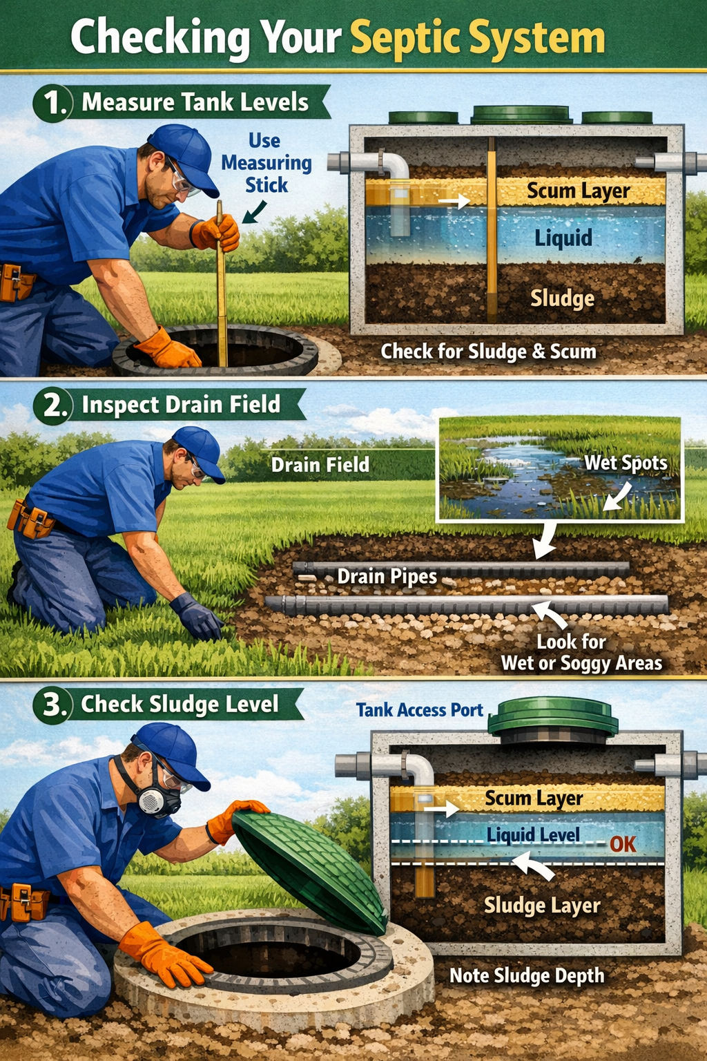 Portrait format (1024x1536) step-by-step visual guide showing homeowner checking septic tank fullness using measuring stick, inspecting drai