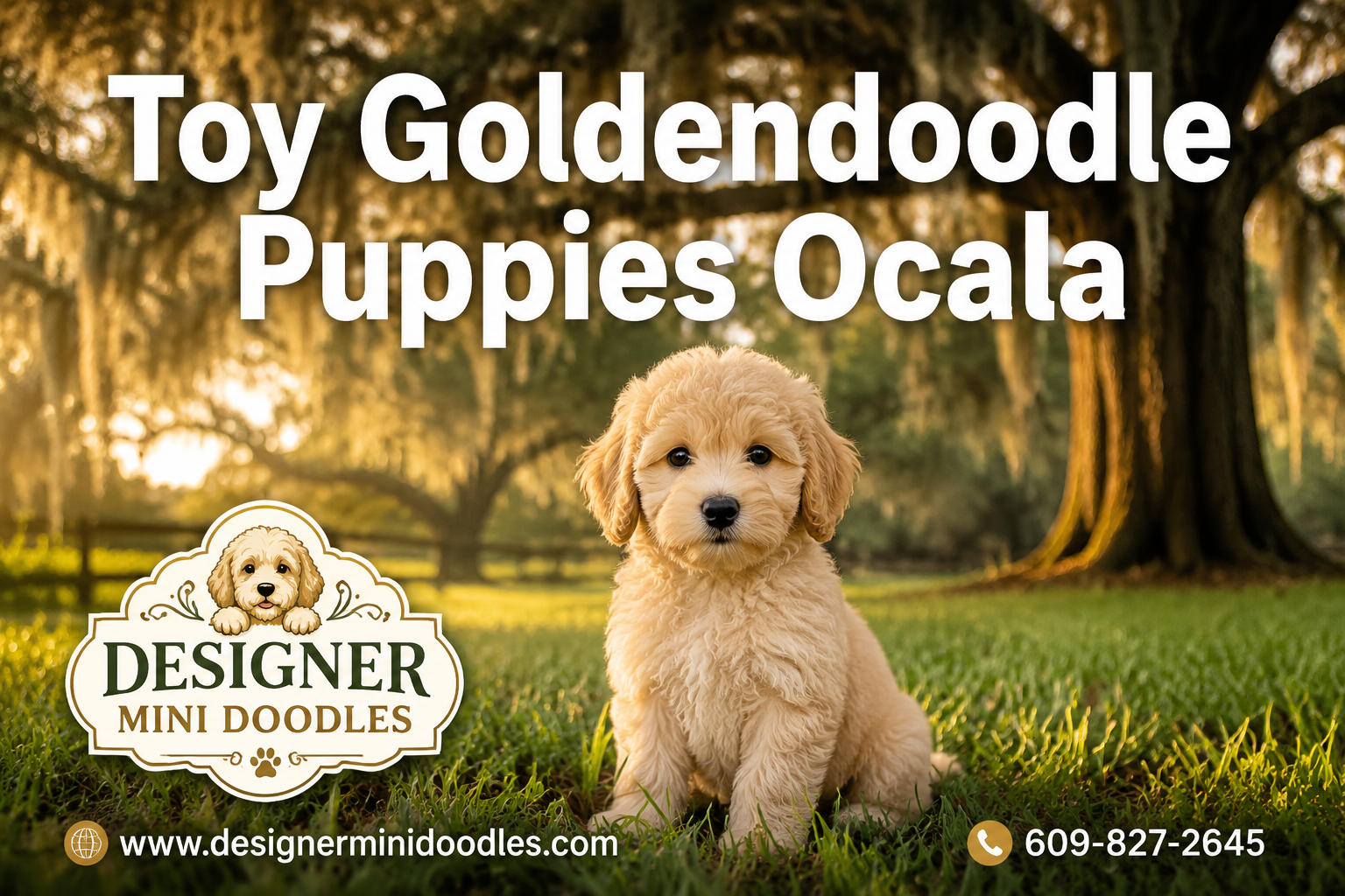 Professional () hero image featuring 'Toy Goldendoodle Puppies Ocala' in extra large white with dark effect, centered in