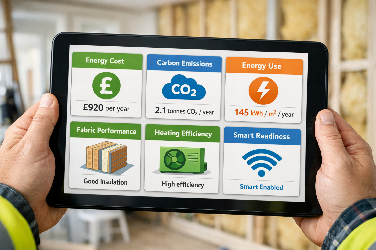 Detailed () image showing close-up comparison of six distinct EPC metric cards arranged in grid layout on modern tablet