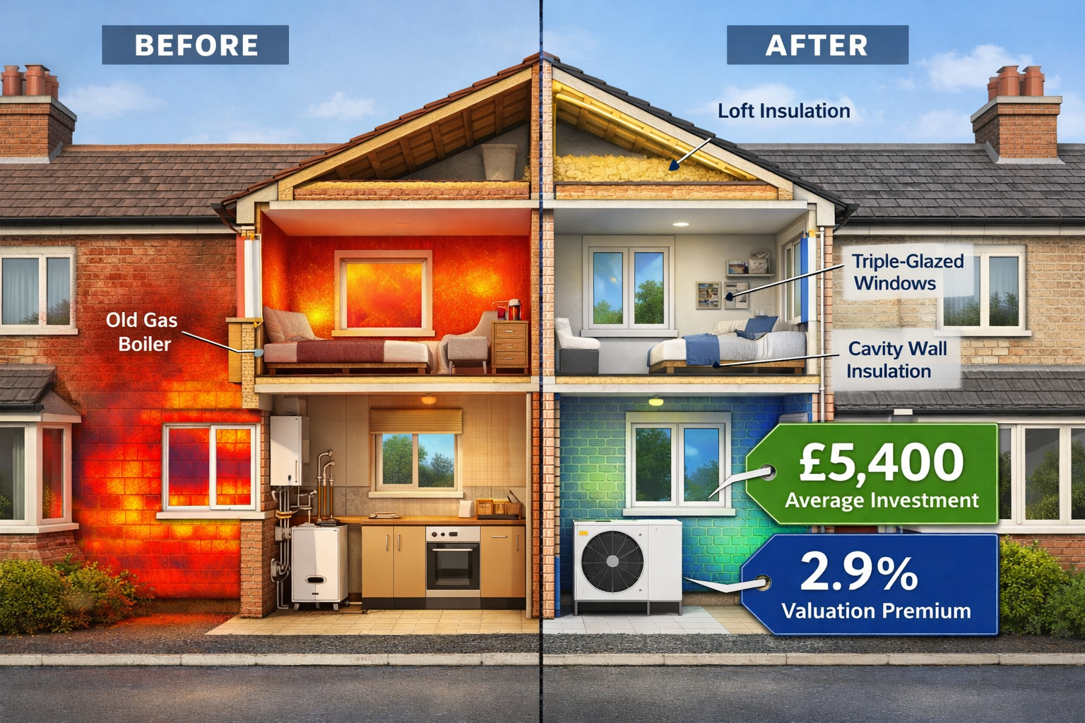 () detailed cutaway architectural illustration of two-story UK terraced house showing before-and-after retrofit comparison