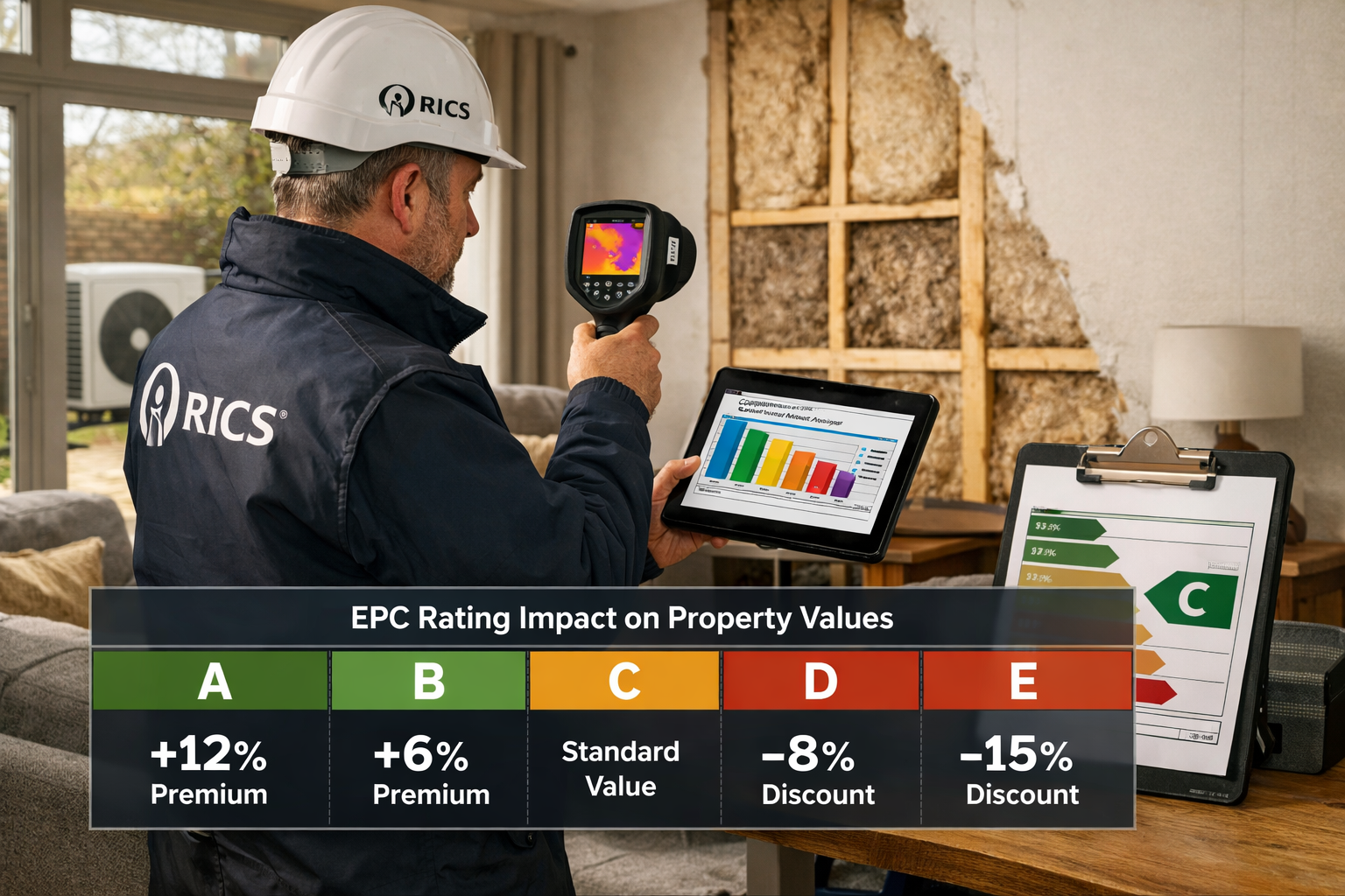 () professional scene showing RICS chartered surveyor conducting detailed property inspection in modern UK home living room.