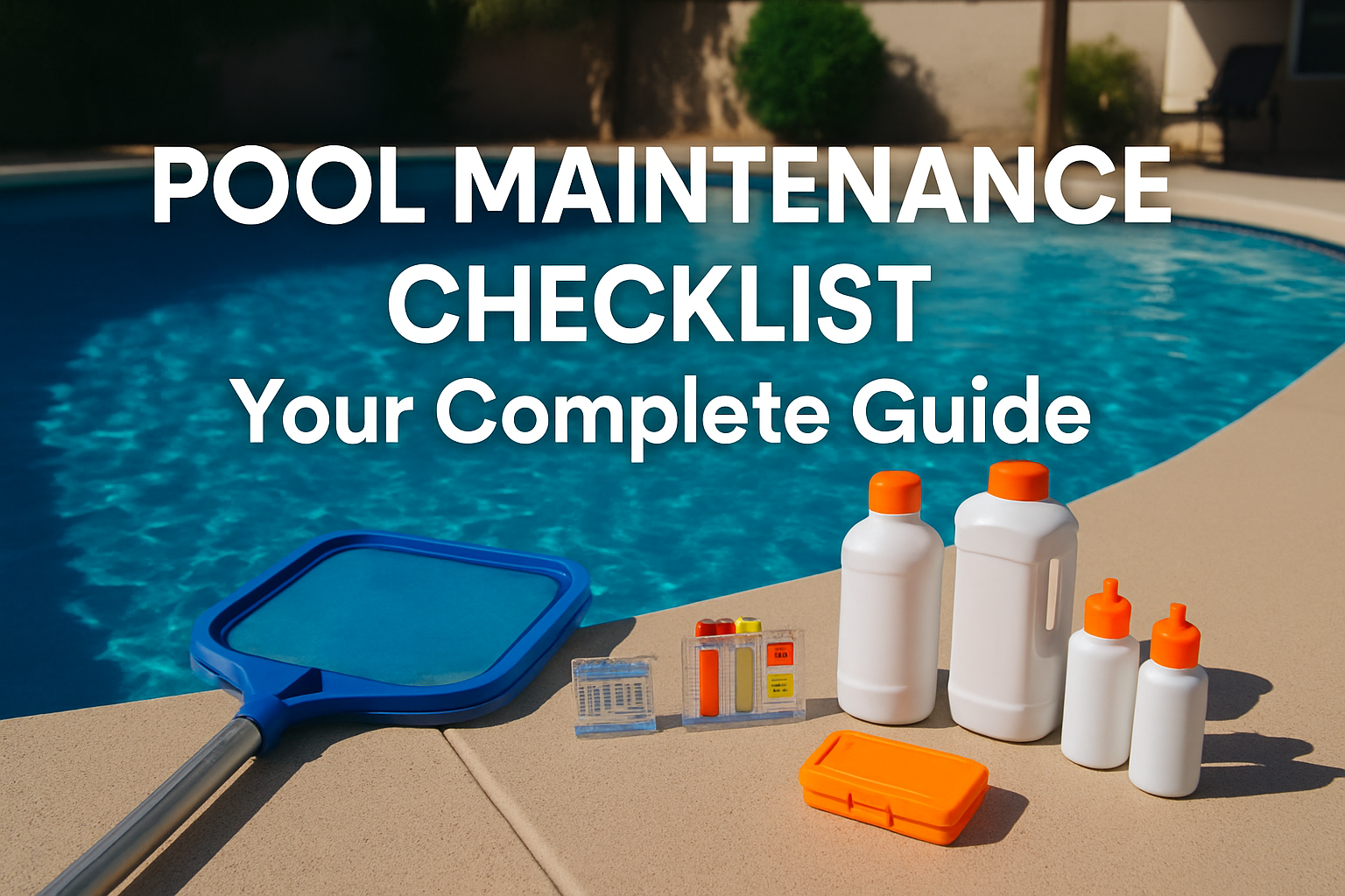 Professional landscape hero image (1536x1024) featuring bold text overlay 'Pool Maintenance Checklist - Your Complete Guide' in extra large 