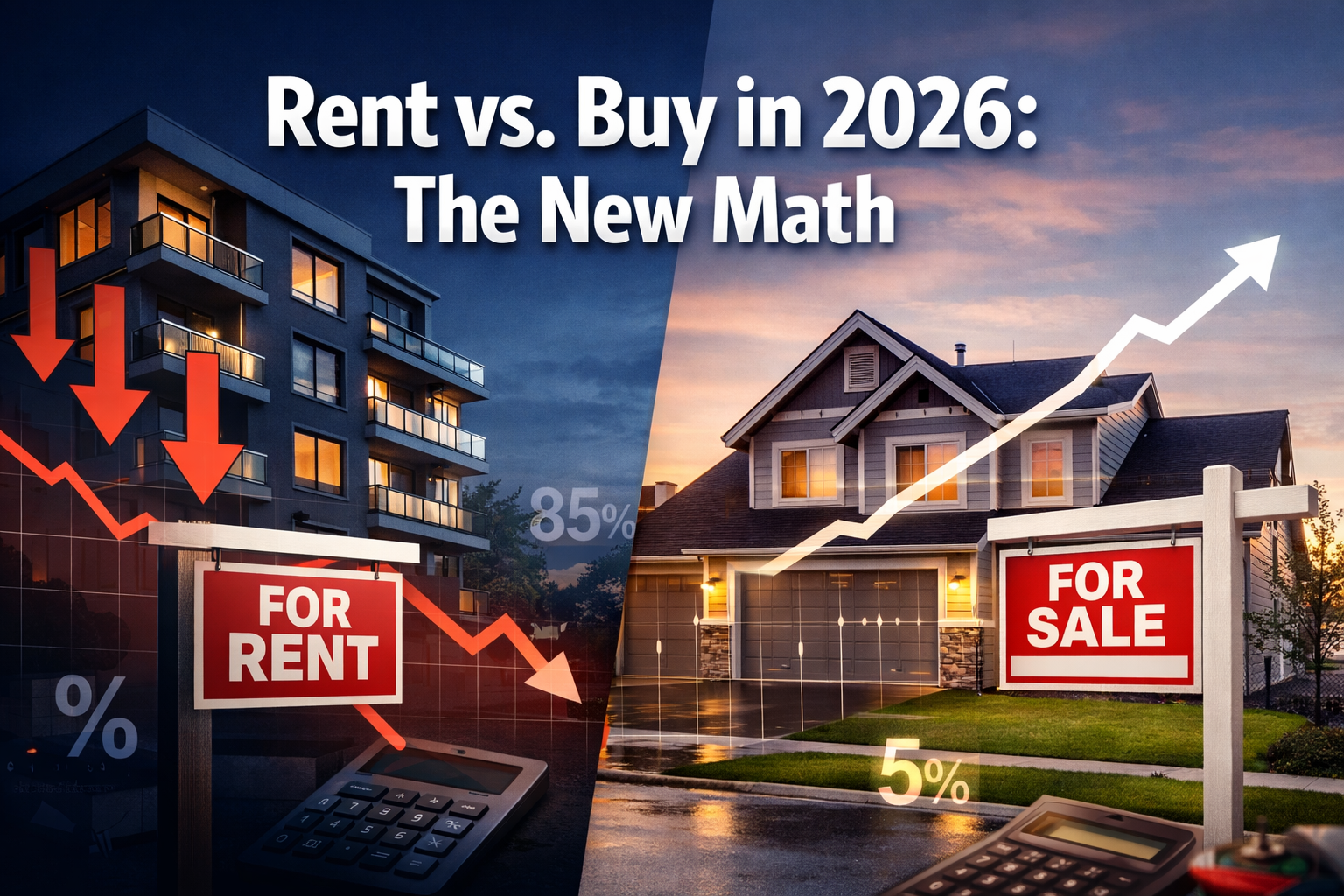 Professional () editorial hero image featuring 'Rent vs. Buy in 2026: The New Math' in extra large white with dark ,