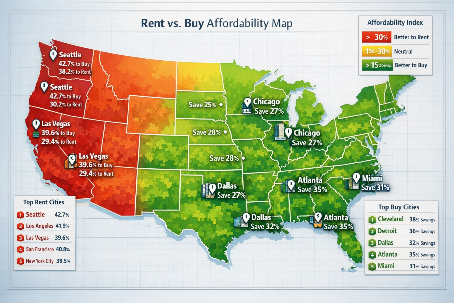 () detailed map of United States showing regional rent vs. buy affordability heat map with color-coded states. West Coast