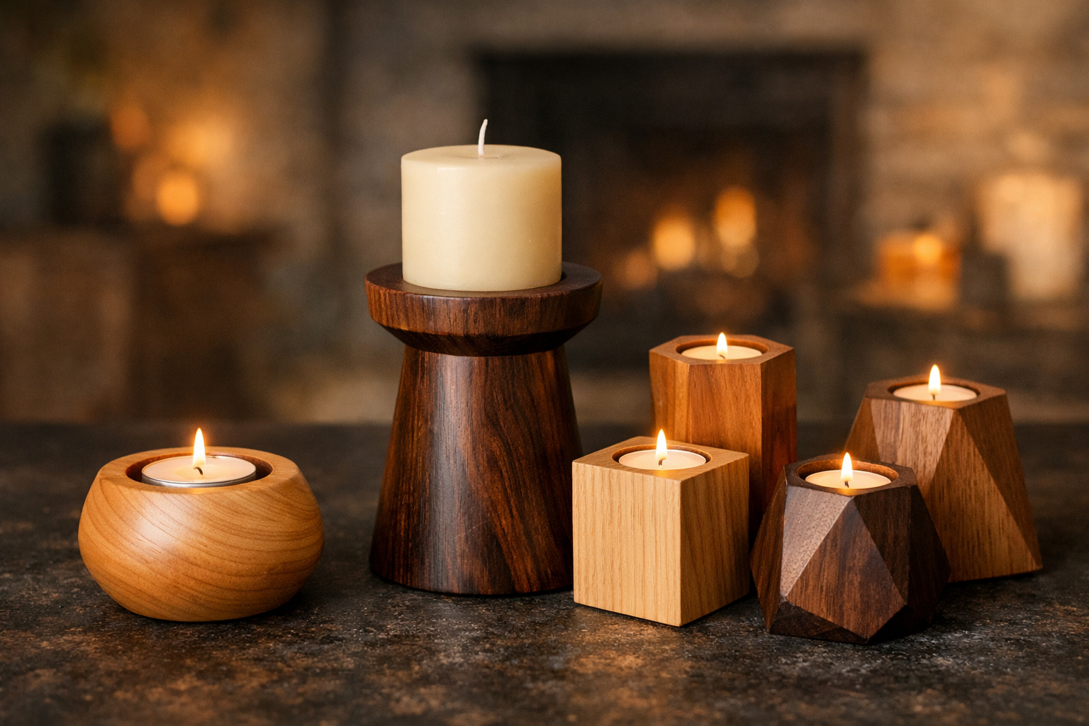 A detailed landscape format (1536x1024) image showcasing a collection of diverse wooden candle holder styles. On the left, a meticulously cr