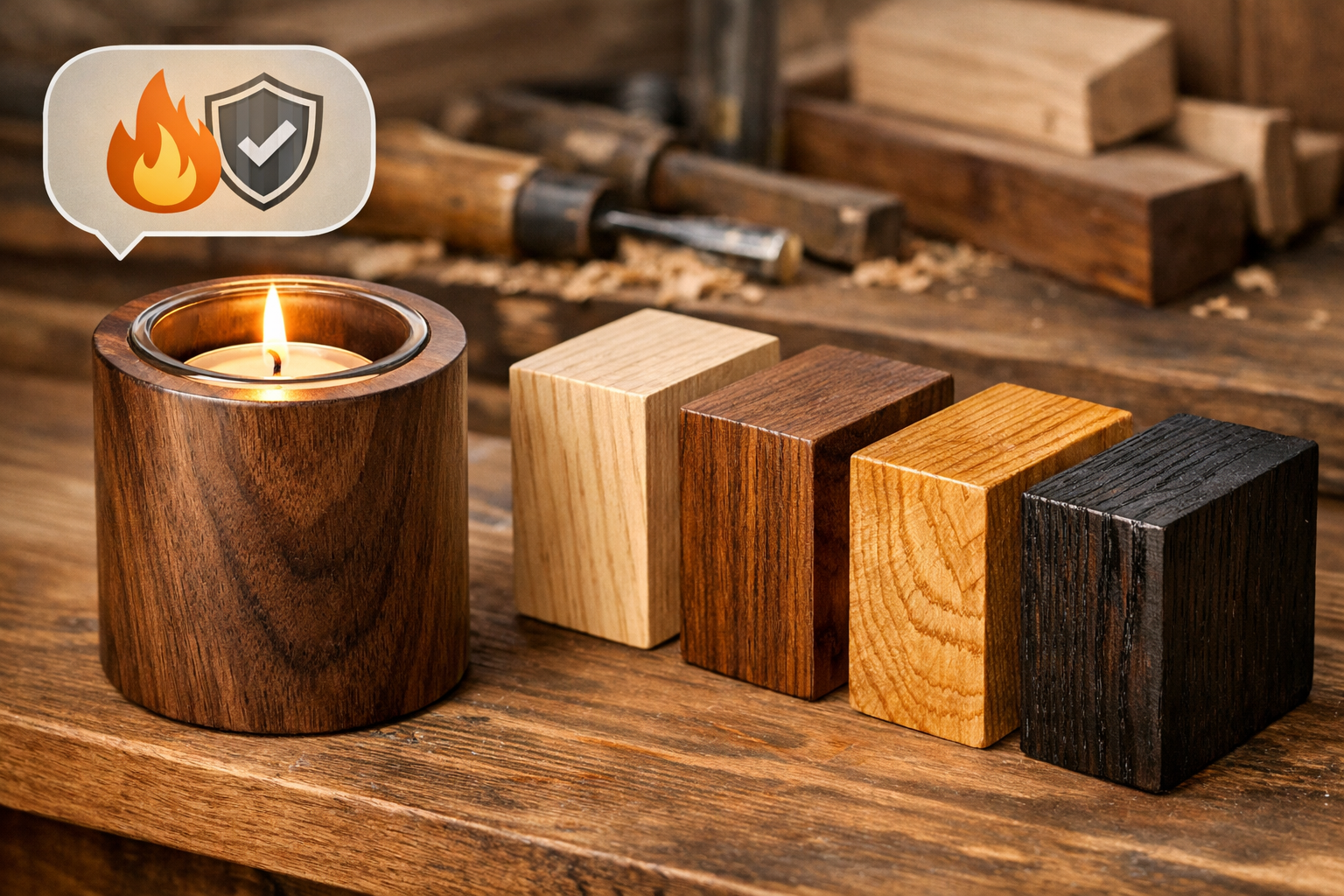 A landscape format (1536x1024) image illustrating safety features and stylish finishes for wooden candle holders. The foreground shows a woo