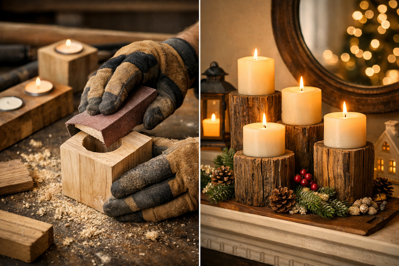 A landscape format (1536x1024) image displaying various DIY wooden candle holder projects and a cozy, finished display. One part of the imag