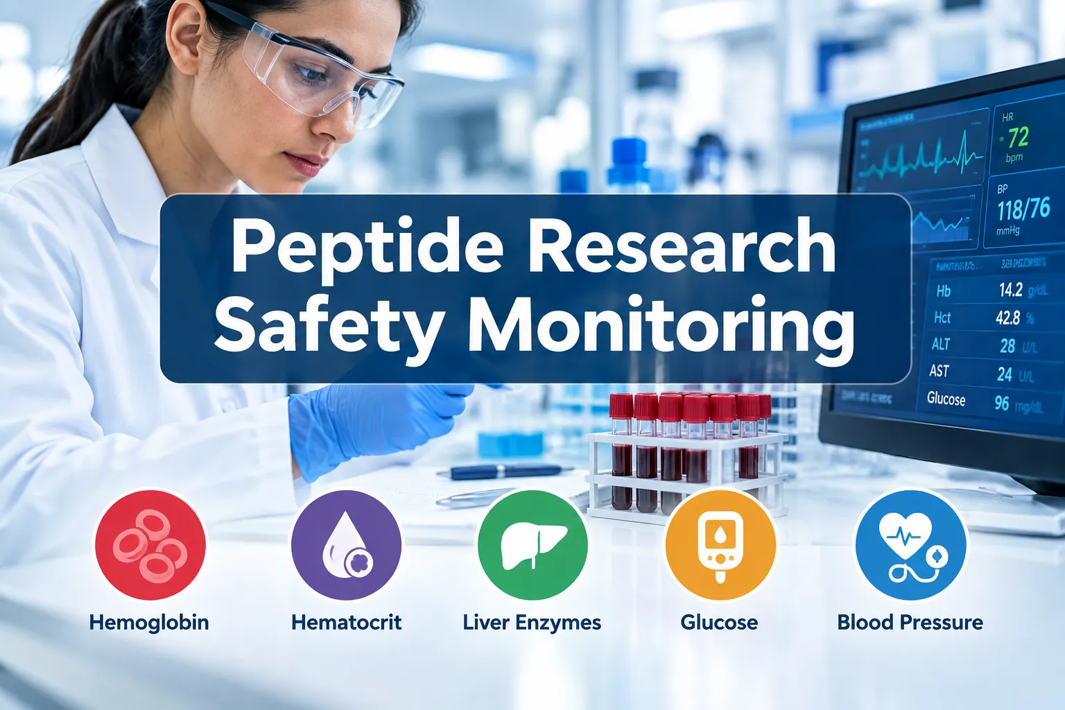 Professional landscape hero image () with a reading "Peptide Research Safety Monitoring". CRITICAL TYPOGRAPHY RULES: render