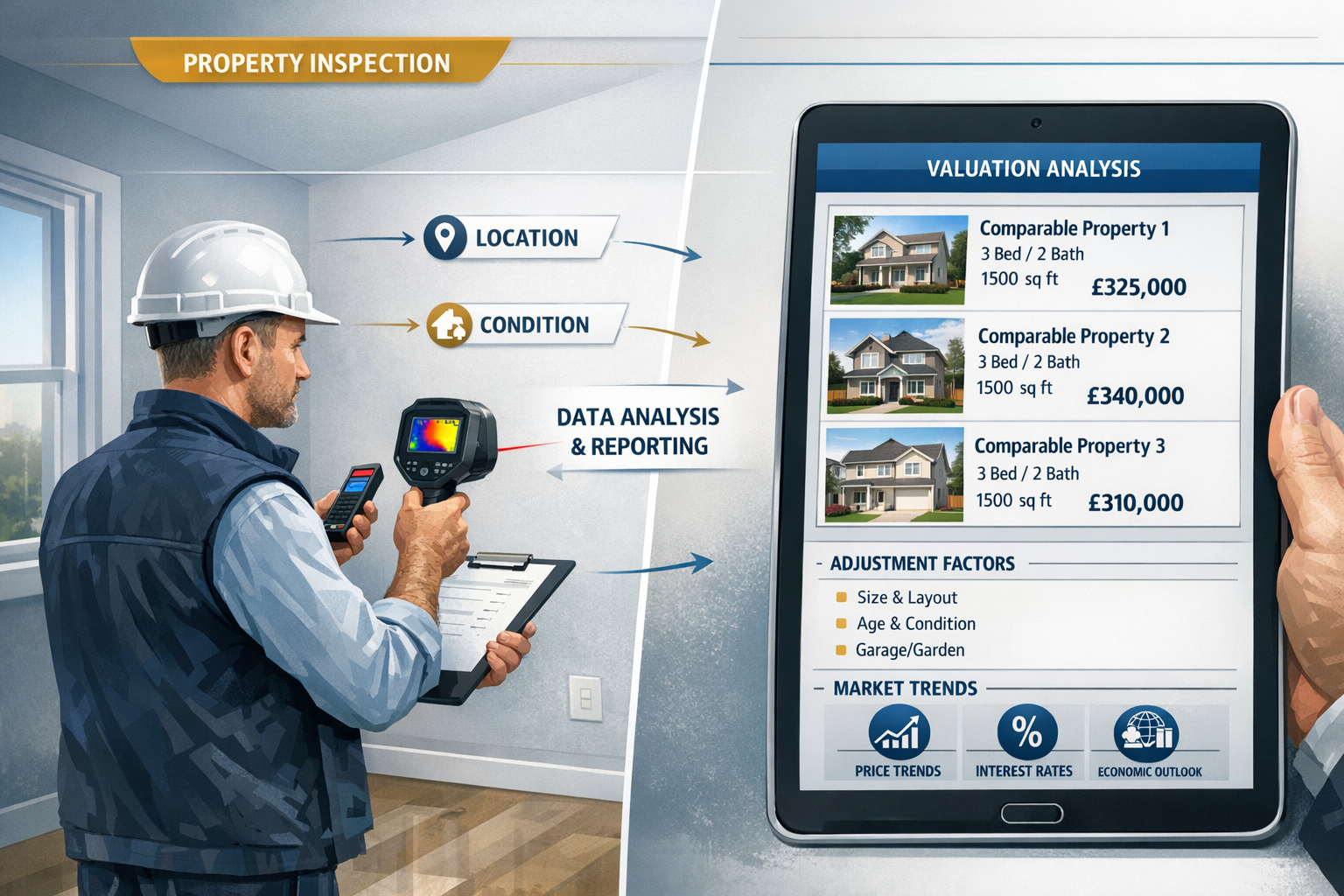 () detailed infographic showing RICS survey methodology workflow, split-screen composition with left side displaying