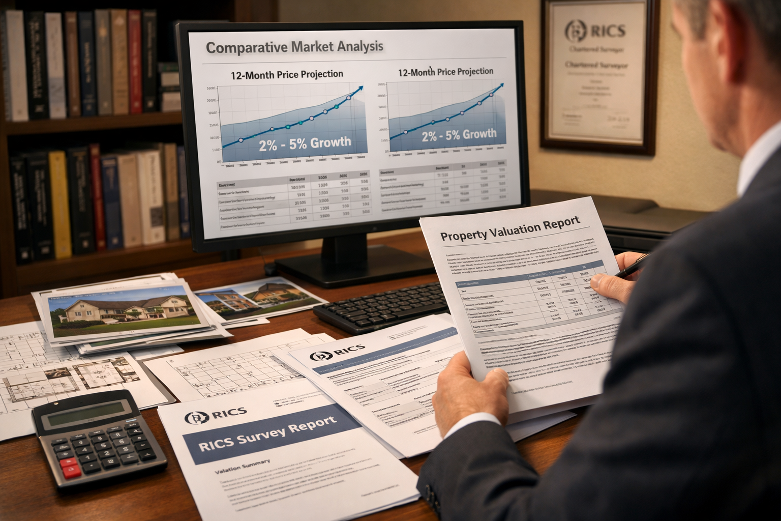 () professional scene showing RICS chartered surveyor at modern desk reviewing multiple property valuation reports, large