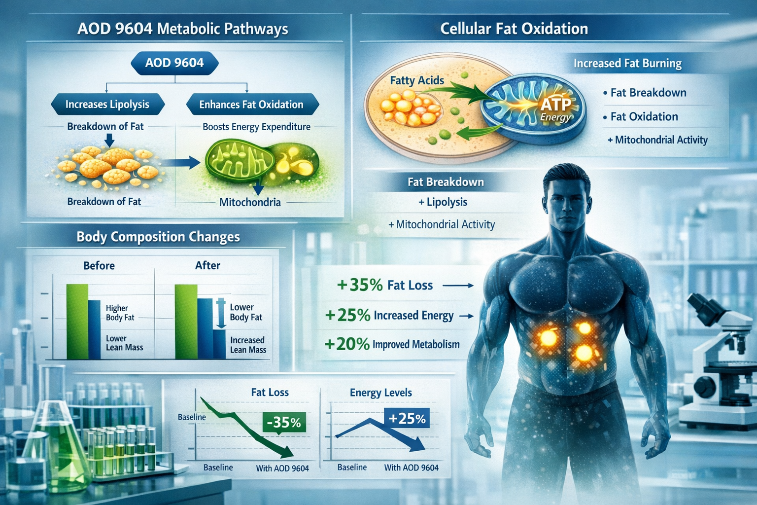 Research data visualization displaying AOD 9604 metabolic pathway mechanisms, cellular fat oxidation process diagrams, before/after body com