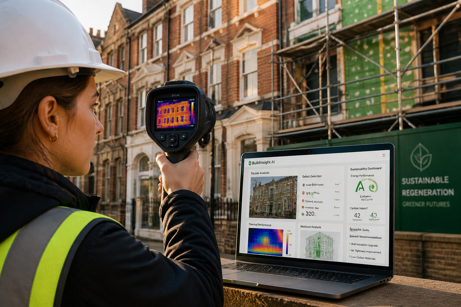 Close-up editorial shot of a young female building surveyor using advanced thermal imaging camera pointed at a retrofitted