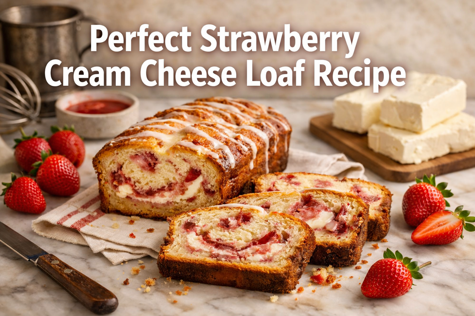 Professional landscape hero image (1536x1024) featuring bold text overlay 'Perfect Strawberry Cream Cheese Loaf Recipe' in extra large 72pt 
