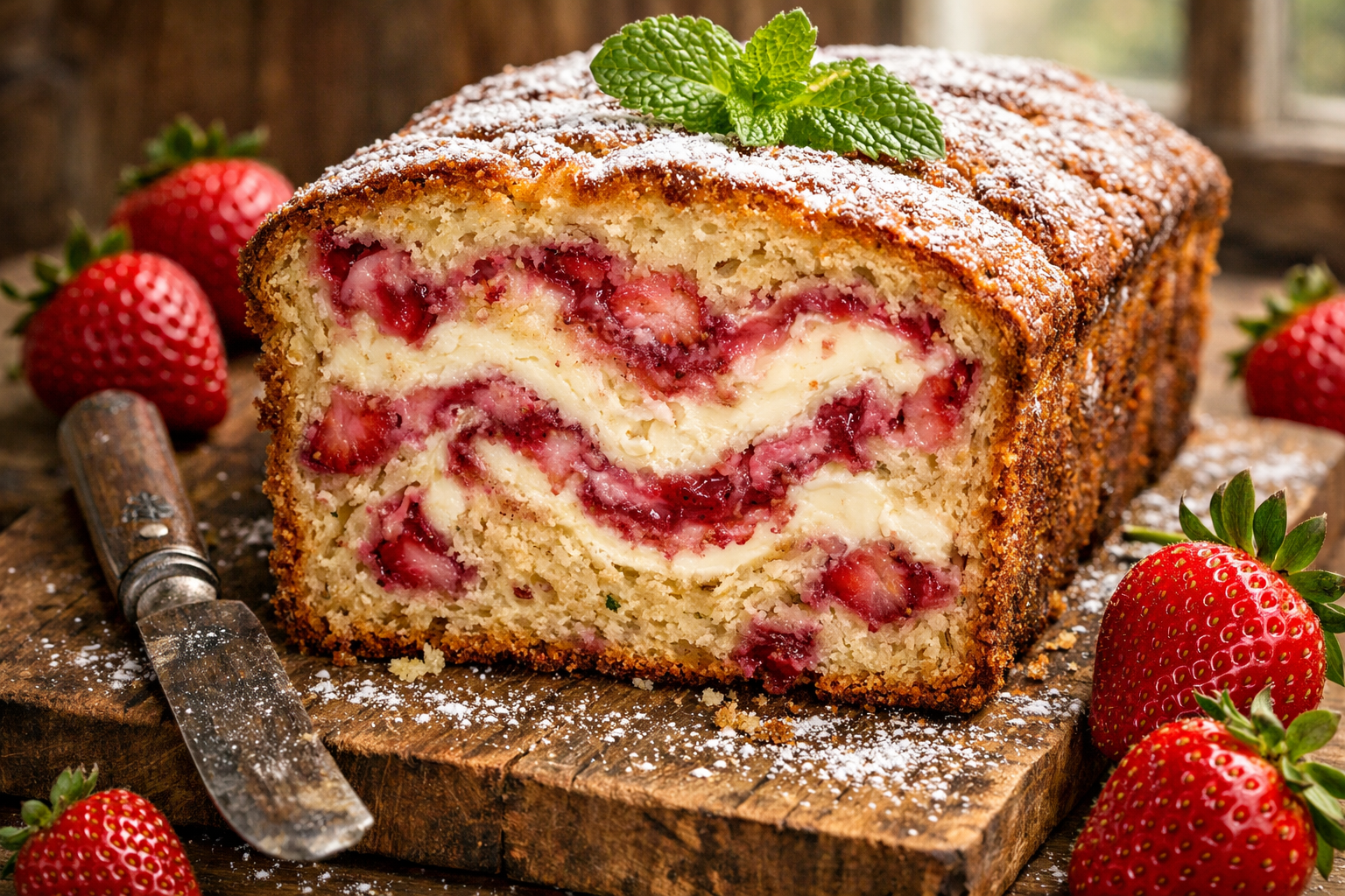 Detailed cross-section view of strawberry cream cheese loaf showing perfect marbled swirl pattern, moist golden crumb texture with visible s