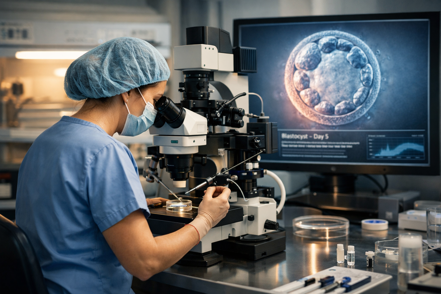 A professional and comforting scene in a modern fertility clinic laboratory. A highly detailed view of an embryologist