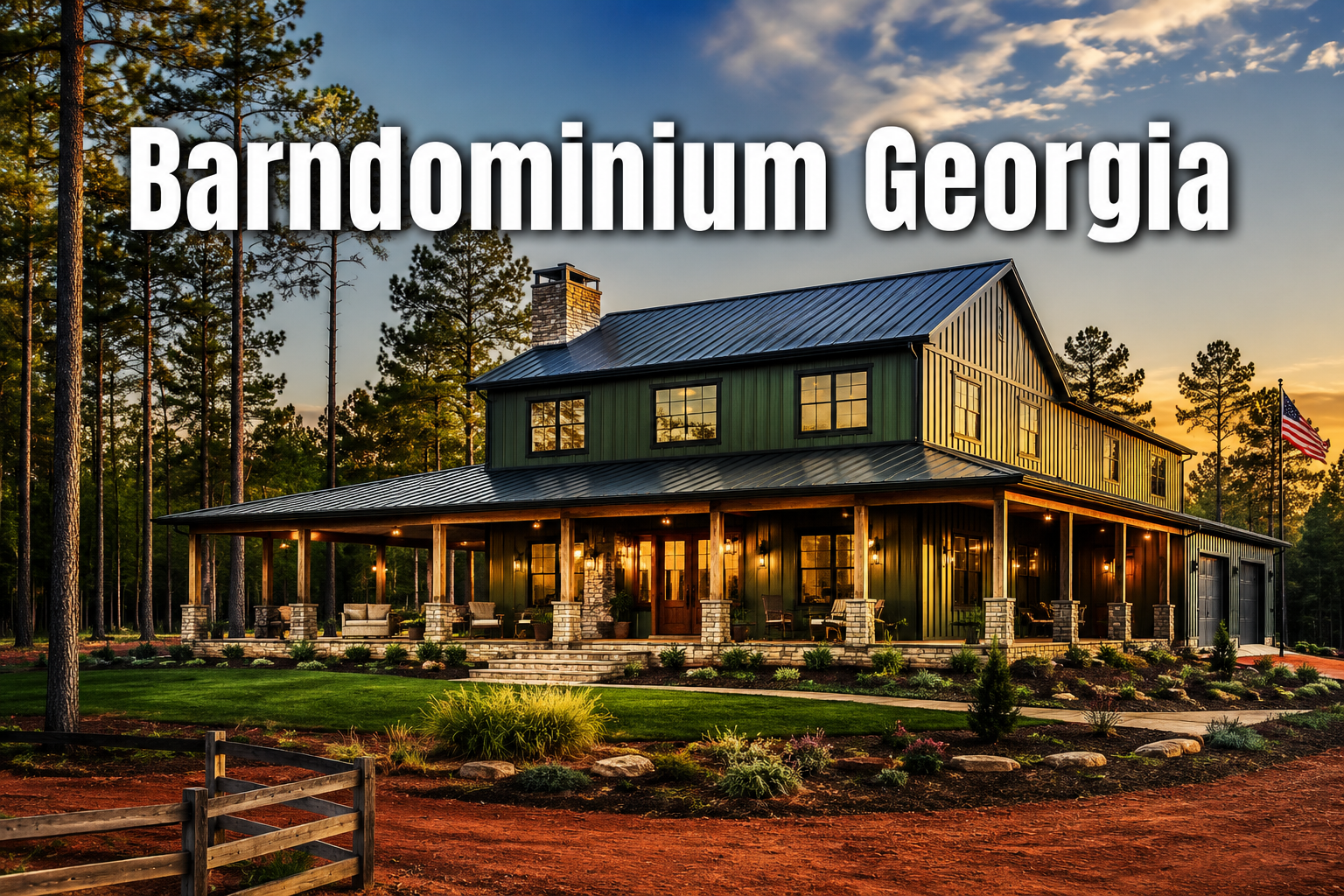 Professional () hero image with : 'Barndominium Georgia' in extra large white with dark drop , centered upper-third