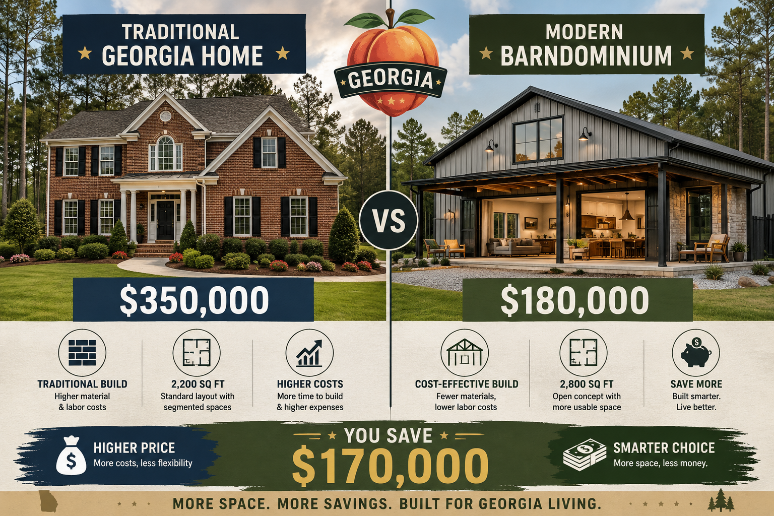 Wide-angle () editorial illustration showing a split-scene comparison: left side depicts a traditional brick Georgia home