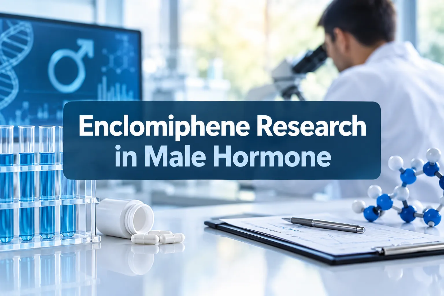 Professional landscape hero image () with a reading "Enclomiphene Research in Male Hormone". CRITICAL TYPOGRAPHY RULES: