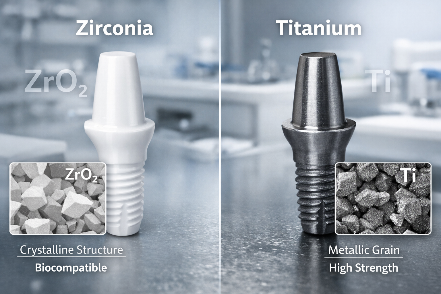 Landscape format (1536x1024) image comparing a smooth, white zirconia implant post next to a grey, metallic titanium implant post, with clea