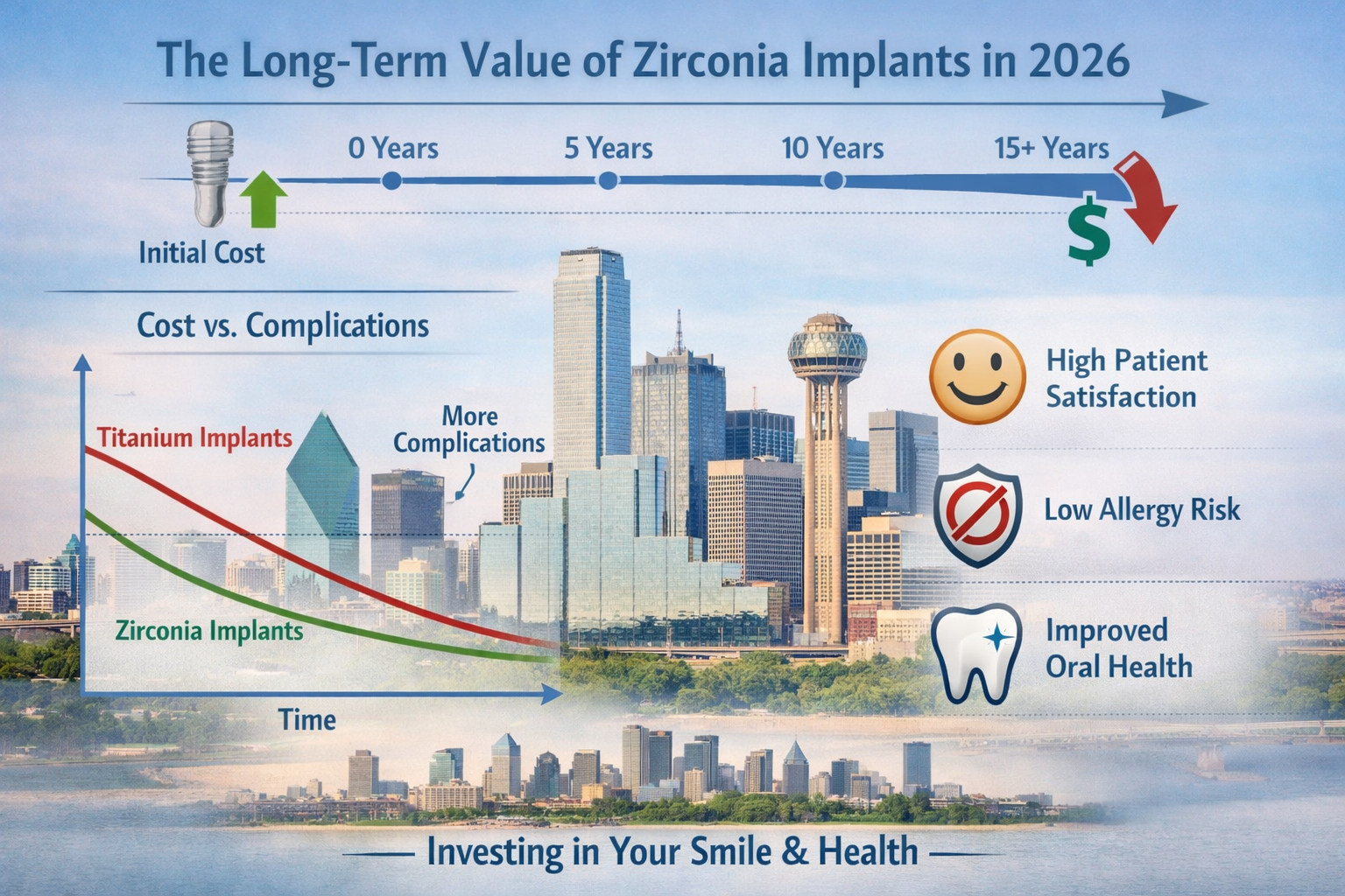 Landscape format (1536x1024) infographic or conceptual image depicting the long-term value of zirconia implants in 2026. This could include
