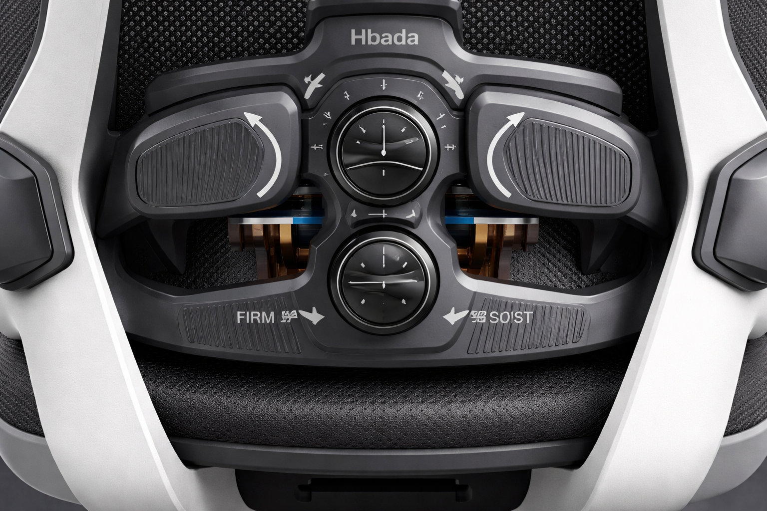 close-up detail shot of Hbada E3 Pro 3-zone dynamic lumbar support system with adjustment mechanisms