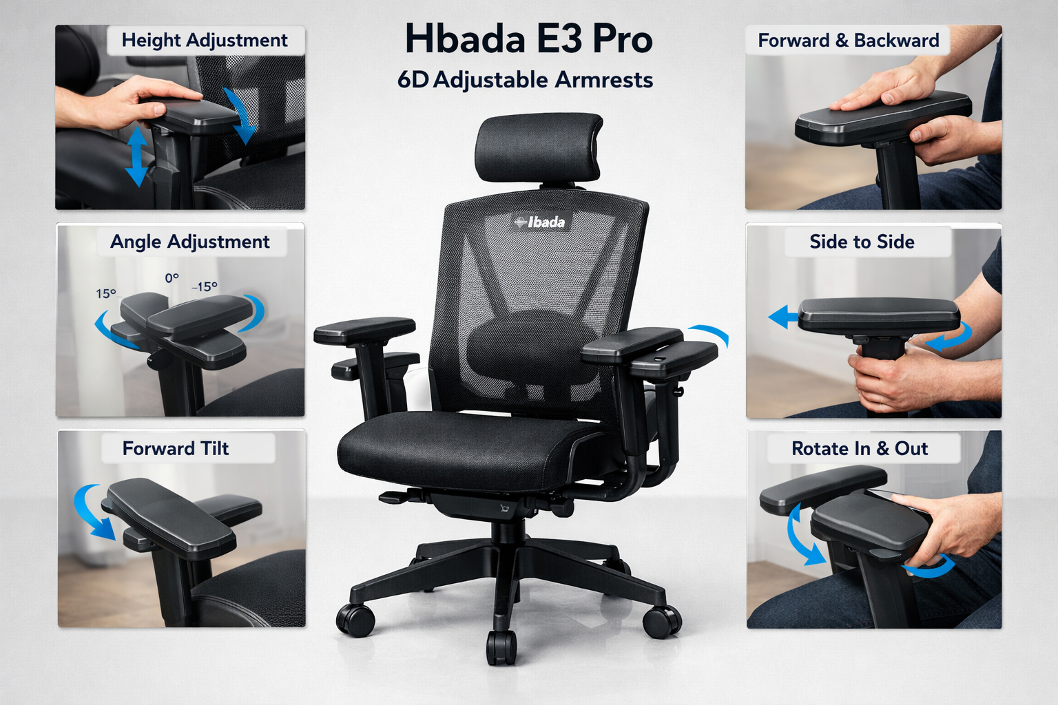 Hbada E3 Pro 6D adjustable armrests demonstration showing multiple positioning options