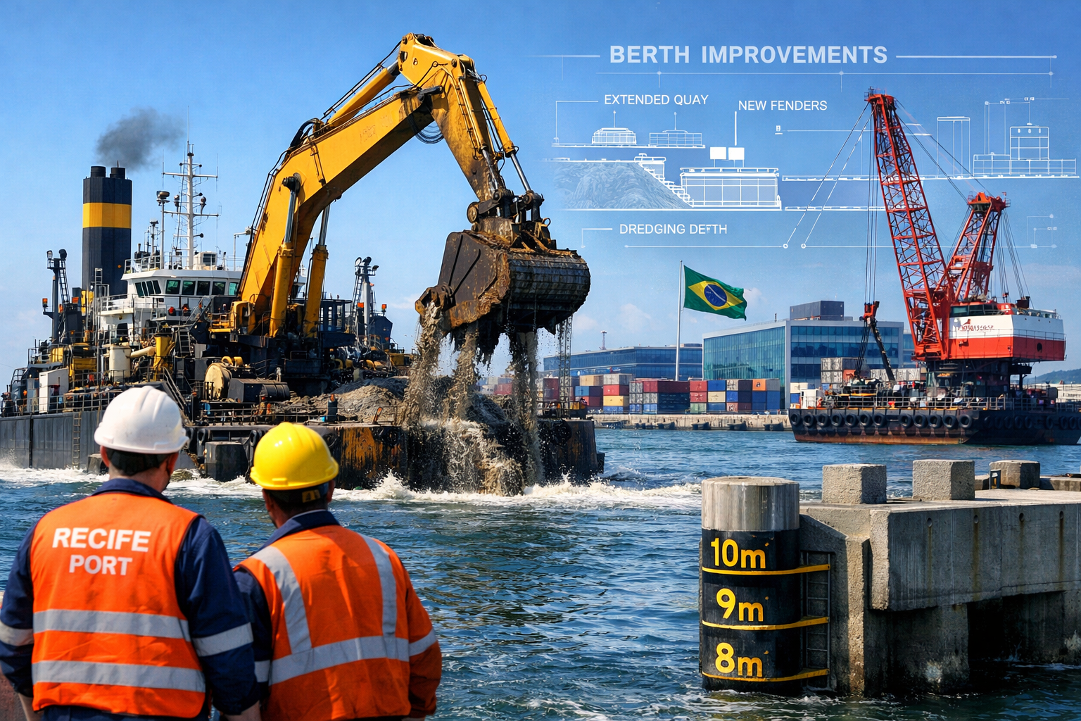 Detailed () image showing close-up view of Recife Port's operational infrastructure with massive dredging equipment and