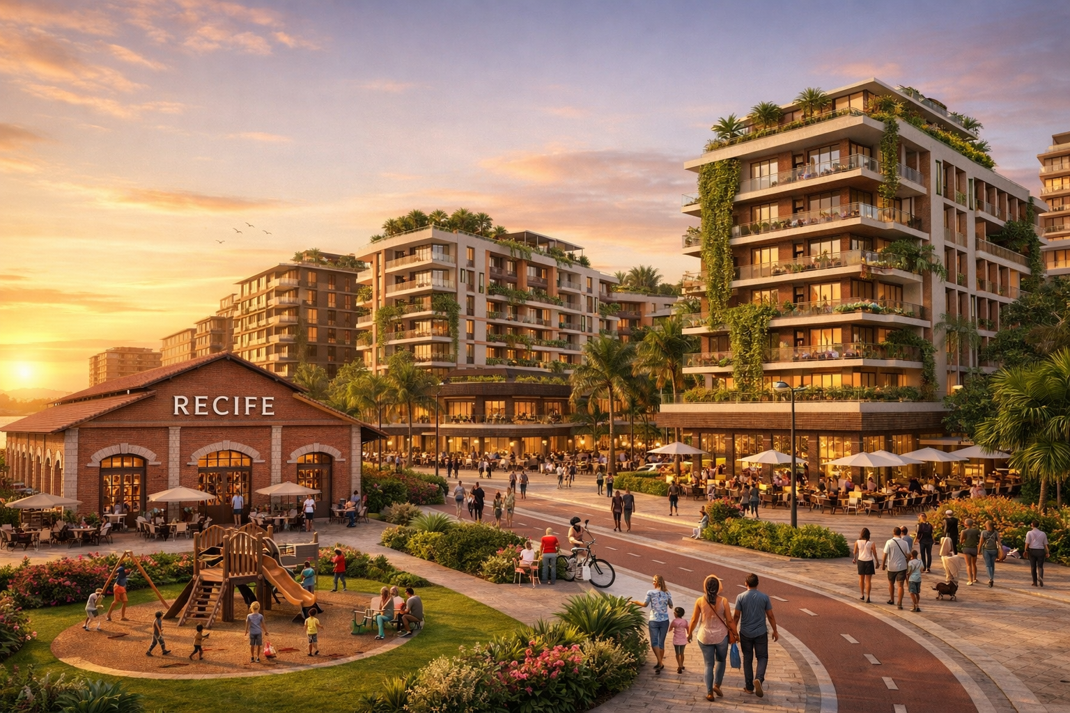 Detailed () architectural rendering showing vibrant mixed-use development complex in Recife port district with mid-rise