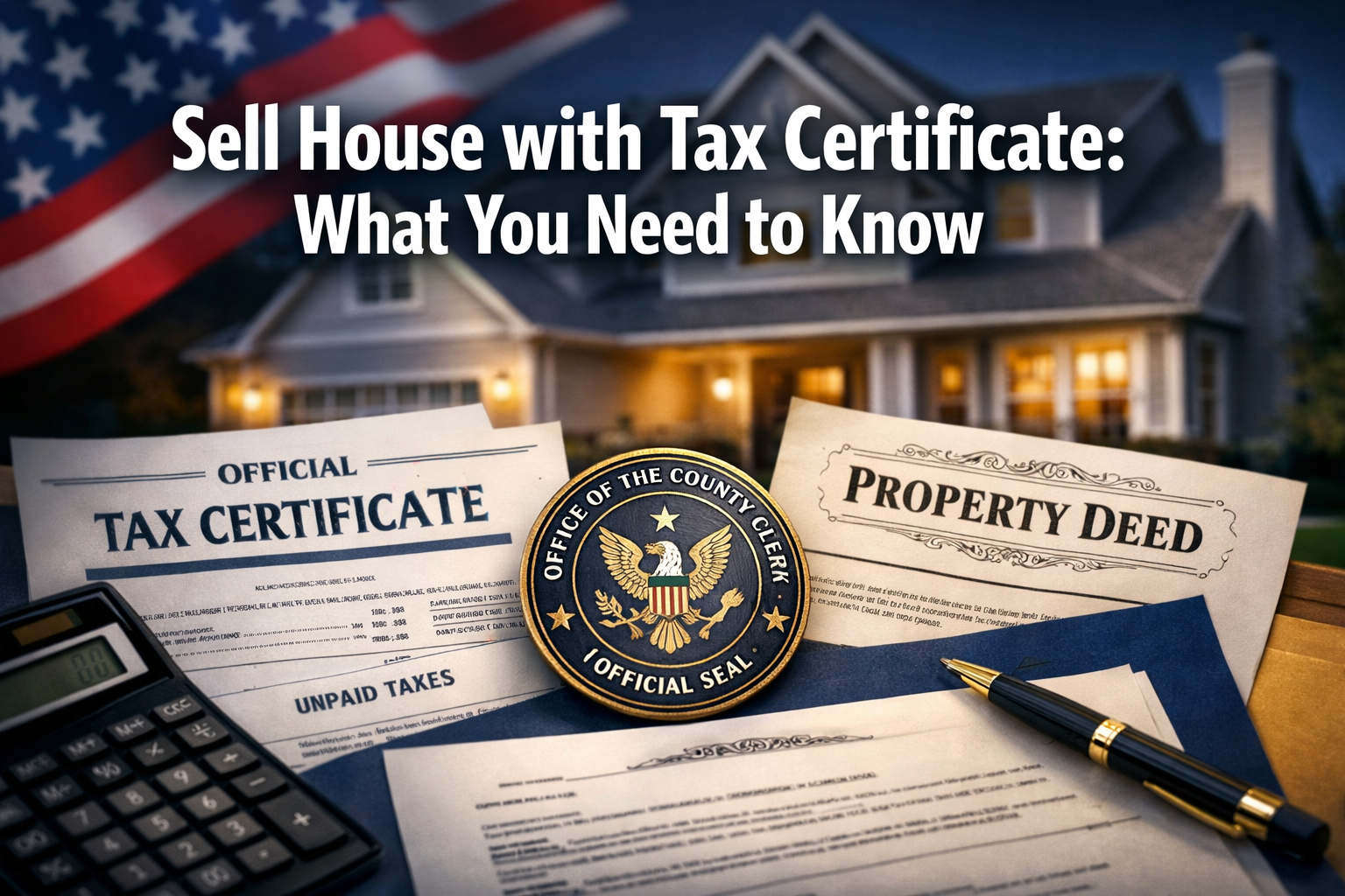 Professional landscape format (1536x1024) hero image featuring bold text overlay 'Sell House with Tax Certificate: What You Need to Know' in