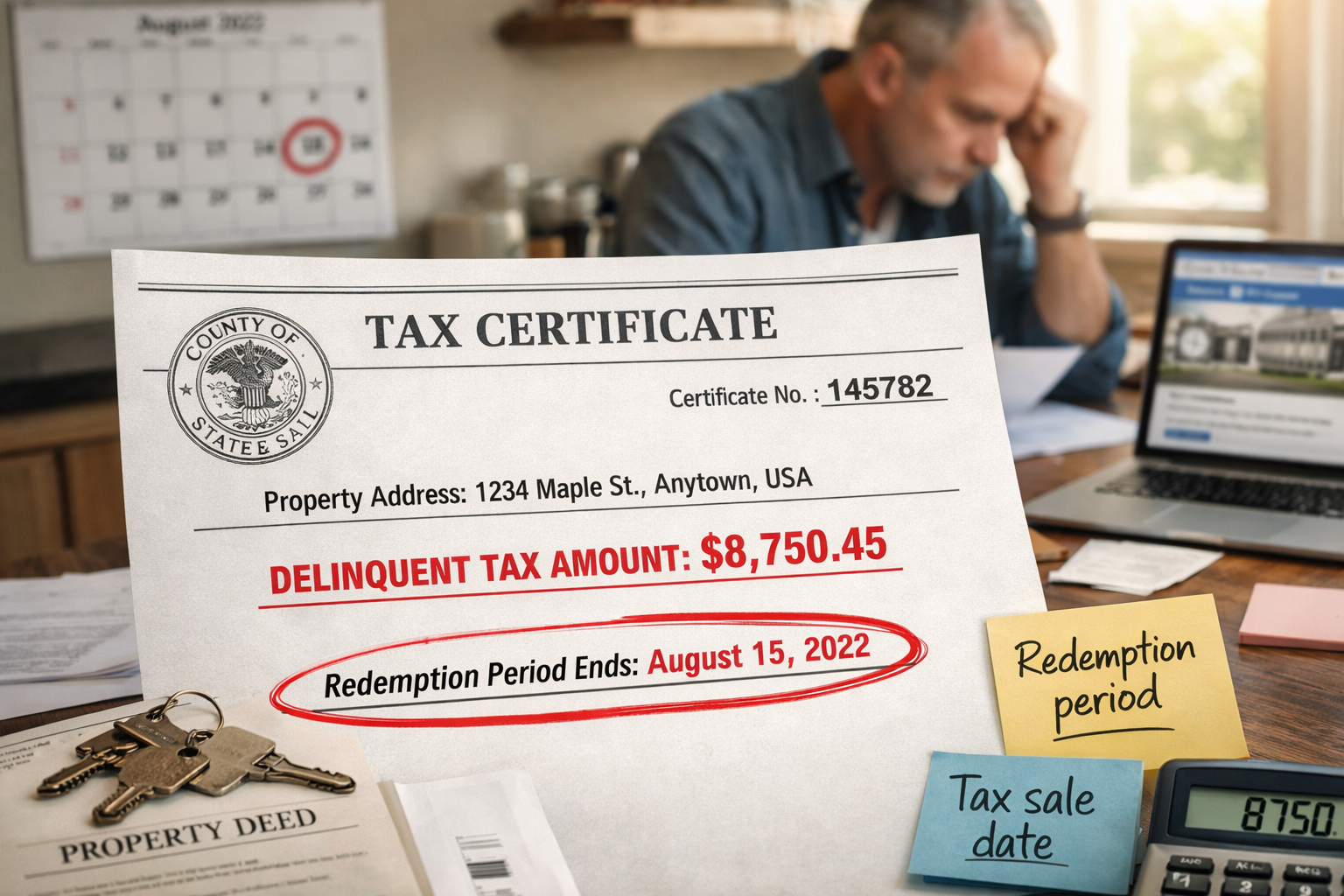Detailed landscape format (1536x1024) image showing tax certificate document in extreme close-up with official county seal, property address