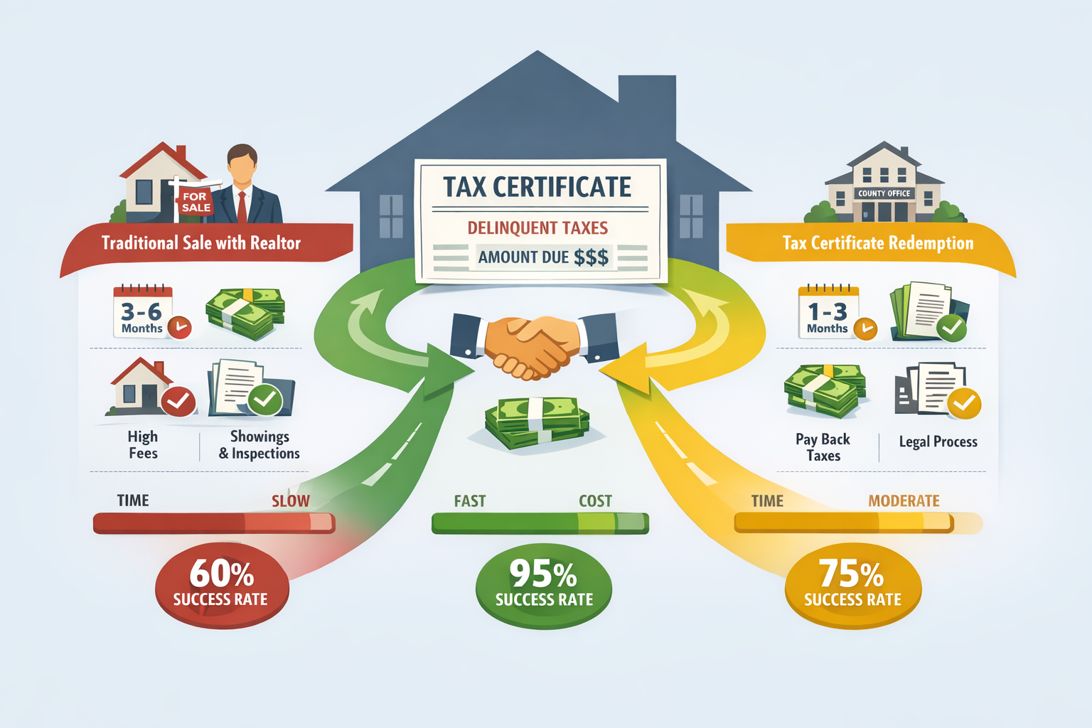 Detailed landscape format (1536x1024) infographic-style image showing three distinct pathways for selling house with tax certificate. Left p