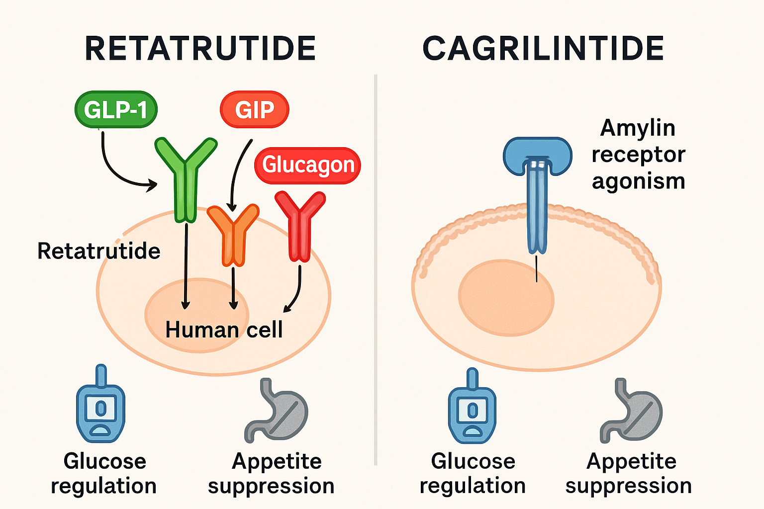 Scientific infographic depicting the distinct mechanisms of action for retatrutide and cagrilintide, showing molecular pathways and receptor