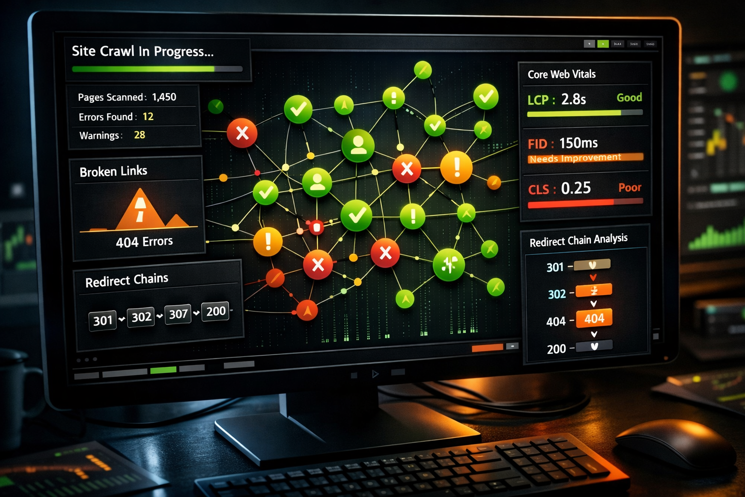 Digital illustration, graphic design style, Landscape format (1536x1024) close-up overhead shot of a technical SEO audit workflow on a large monitor screen showing a site crawl in progress with visual node maps, broken link indicators, Core Web Vitals scores, and redirect chain diagrams. Dark UI theme with neon green and orange highlights, dramatic lighting from screen glow, photorealistic, editorial quality.